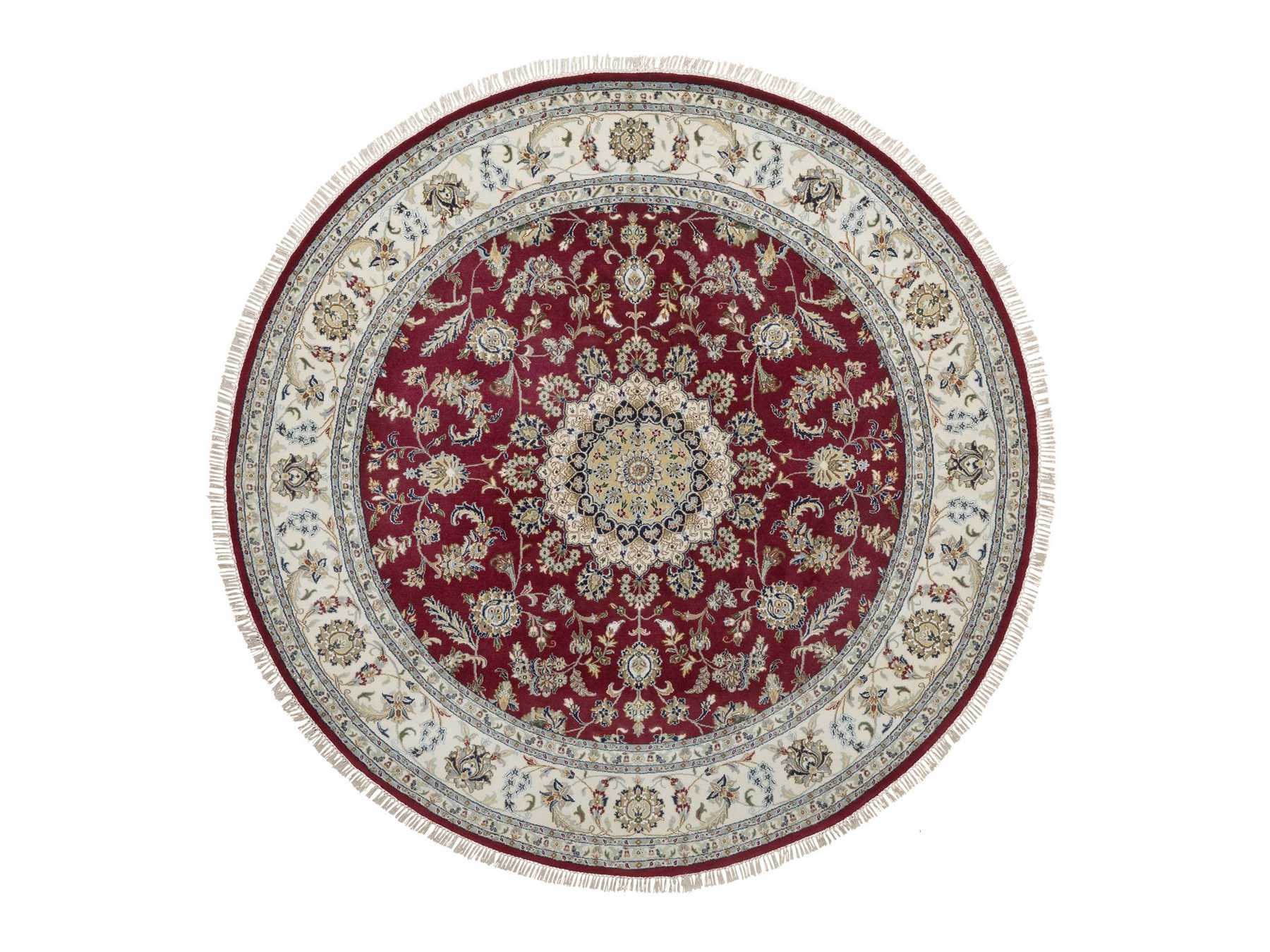8'x8' Rhubarb Red, 250 KPSI, Nain with Flower Medallion Design, Hand Knotted, Wool and Silk, Soft Pile, Round, Oriental Rug HR92759