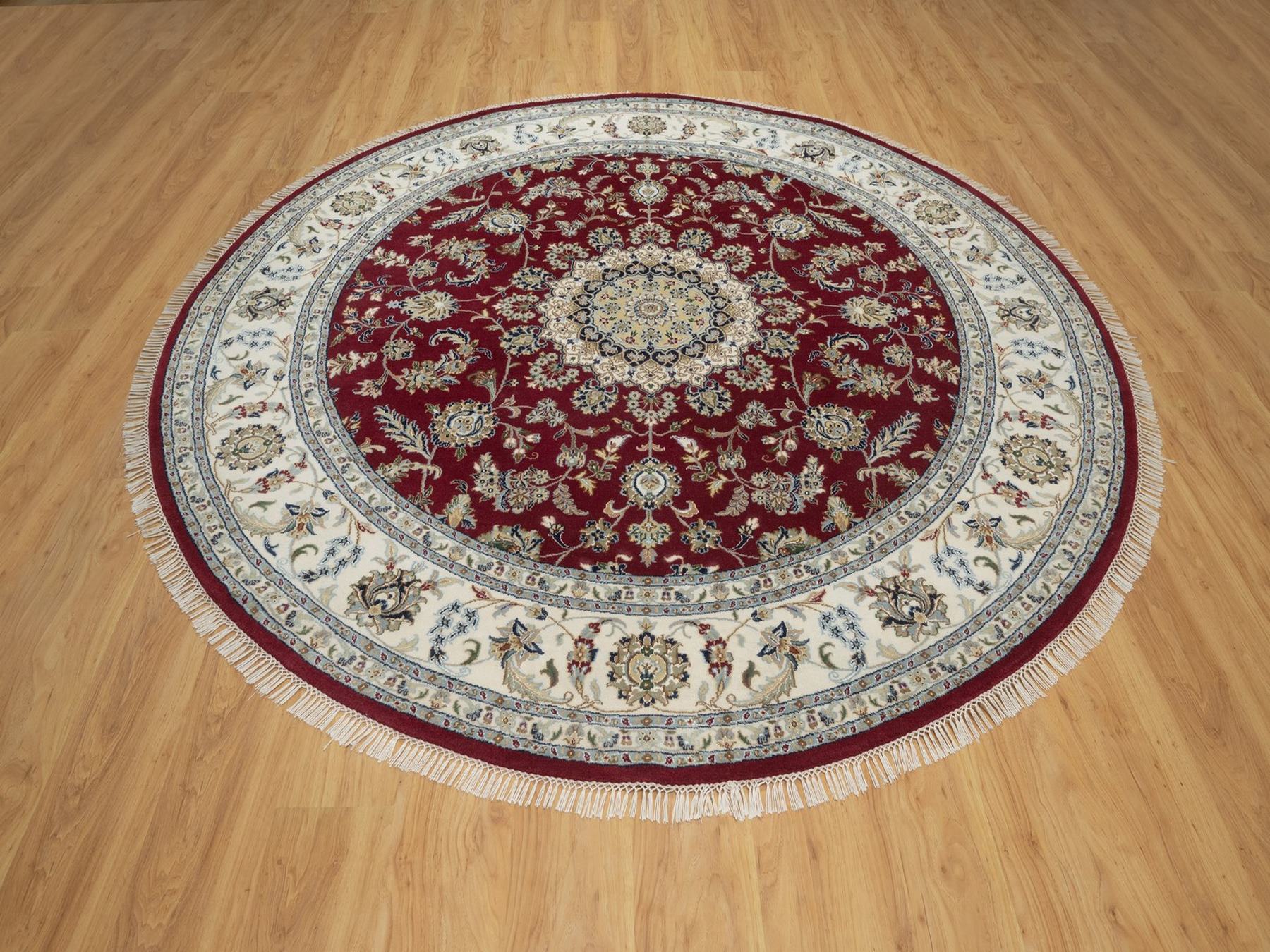 8'x8' Rhubarb Red, 250 KPSI, Nain with Flower Medallion Design, Hand Knotted, Wool and Silk, Soft Pile, Round, Oriental Rug HR92759 - Image 2