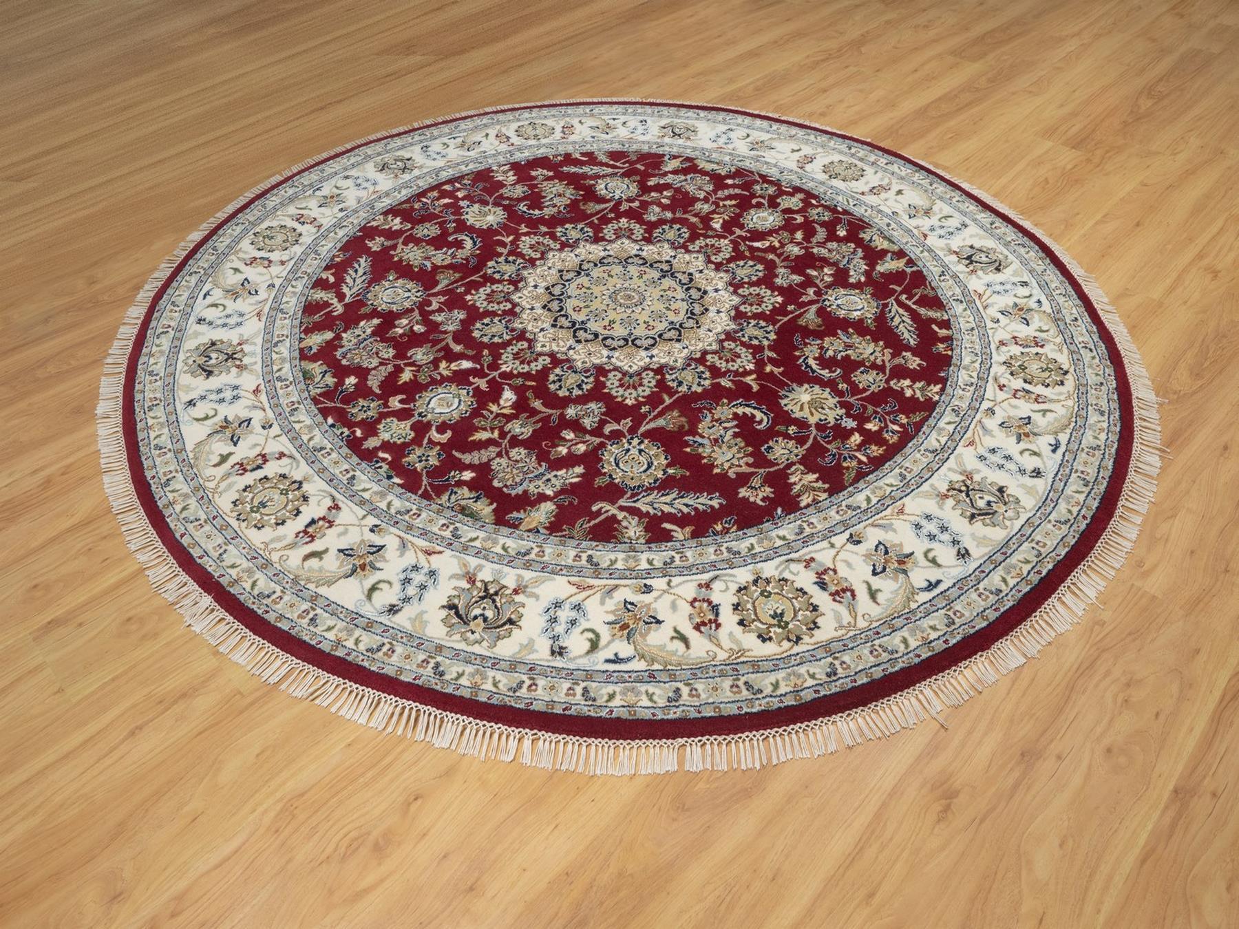 8'x8' Rhubarb Red, 250 KPSI, Nain with Flower Medallion Design, Hand Knotted, Wool and Silk, Soft Pile, Round, Oriental Rug HR92759 - Image 3