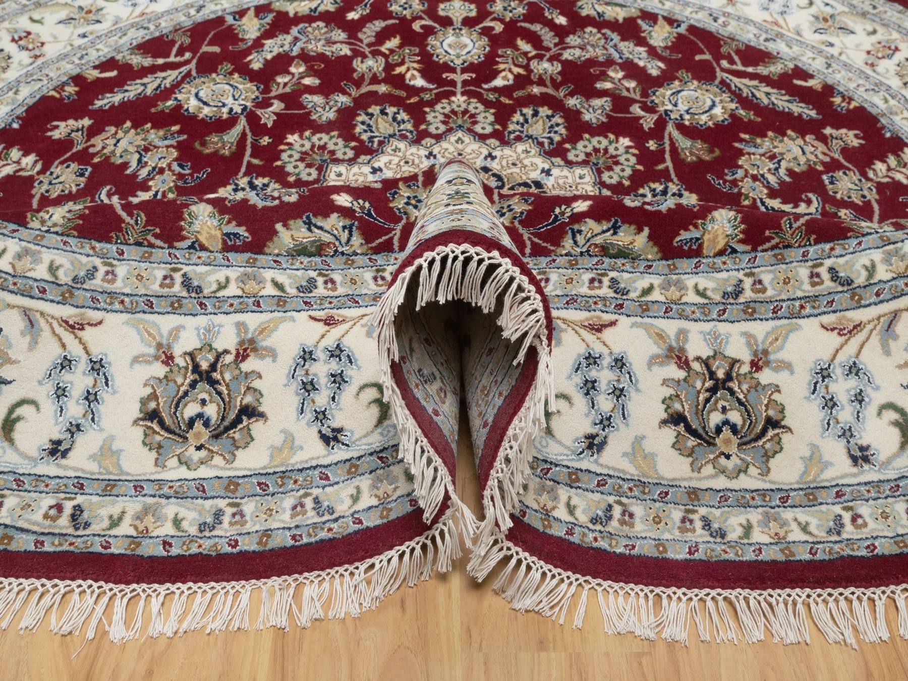 8'x8' Rhubarb Red, 250 KPSI, Nain with Flower Medallion Design, Hand Knotted, Wool and Silk, Soft Pile, Round, Oriental Rug HR92759 - Image 5