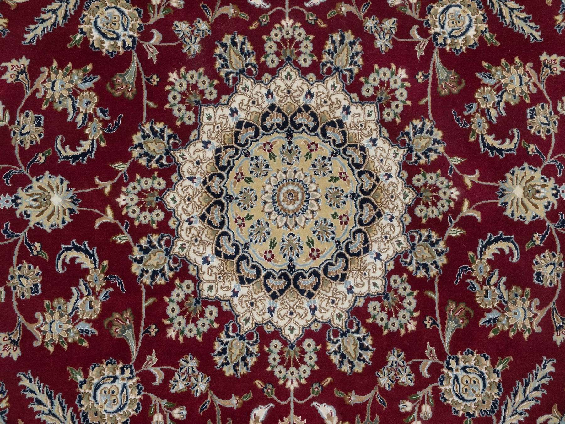 8'x8' Rhubarb Red, 250 KPSI, Nain with Flower Medallion Design, Hand Knotted, Wool and Silk, Soft Pile, Round, Oriental Rug HR92759 - Image 8