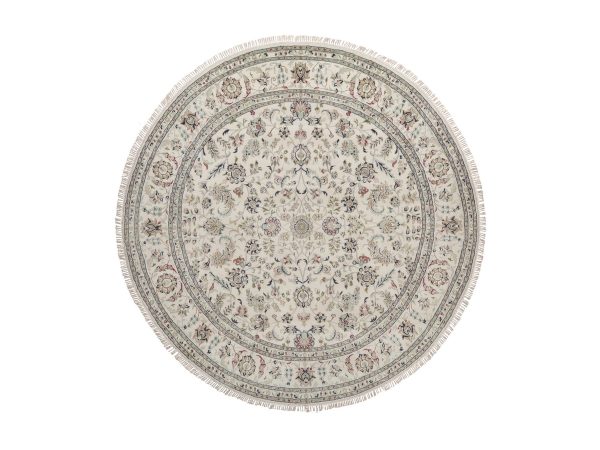 8'x8' Pearl White, 250 KPSI, Nain with All Over Flower Design, Hand Knotted, Wool and Silk, Soft Pile, Round, Oriental Rug HR92760