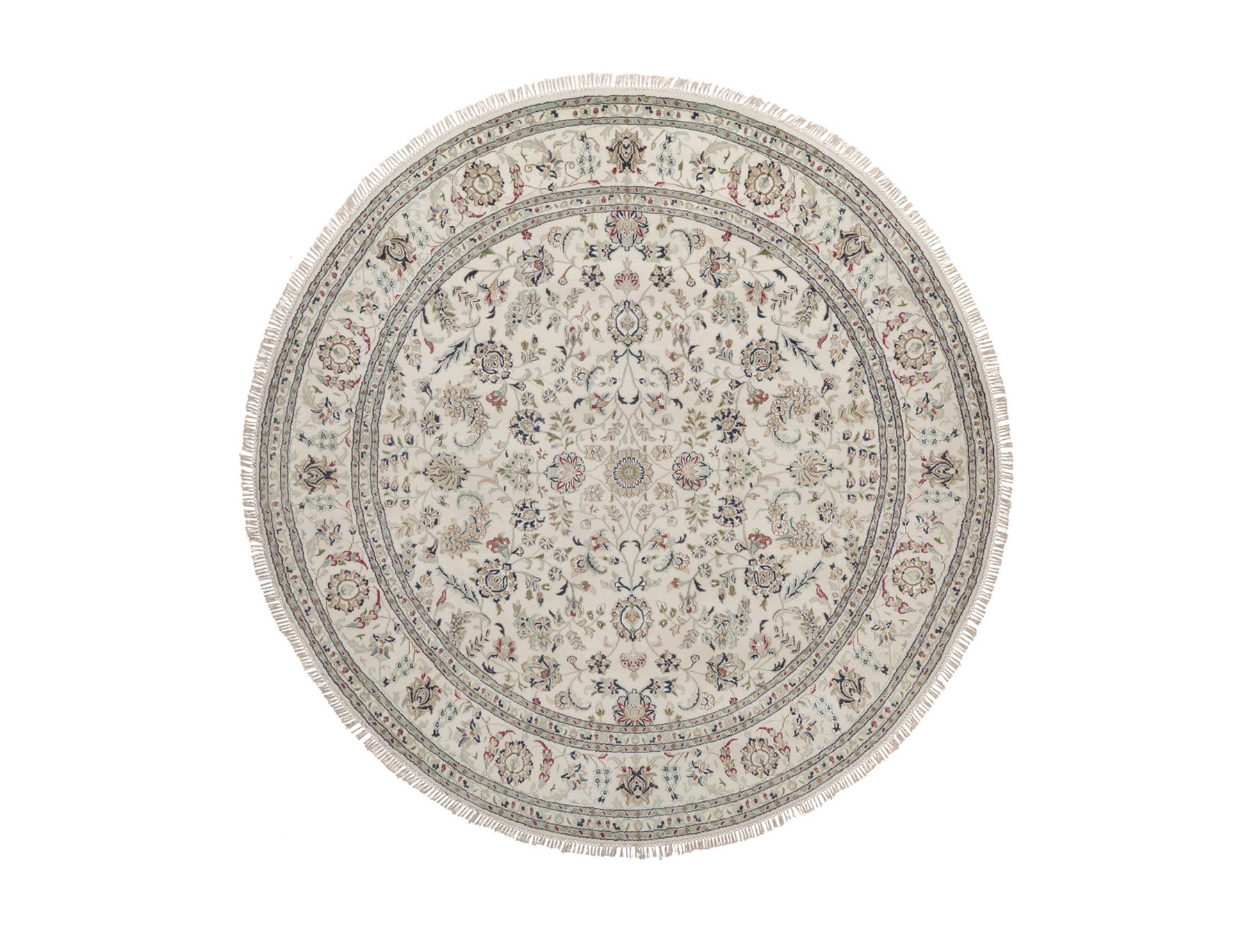 8'x8' Pearl White, 250 KPSI, Nain with All Over Flower Design, Hand Knotted, Wool and Silk, Soft Pile, Round, Oriental Rug HR92760