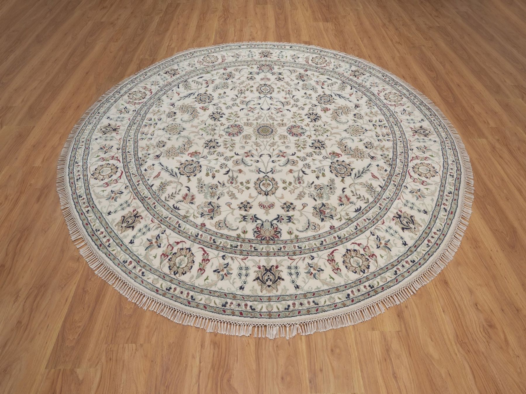8'x8' Pearl White, 250 KPSI, Nain with All Over Flower Design, Hand Knotted, Wool and Silk, Soft Pile, Round, Oriental Rug HR92760 - Image 2