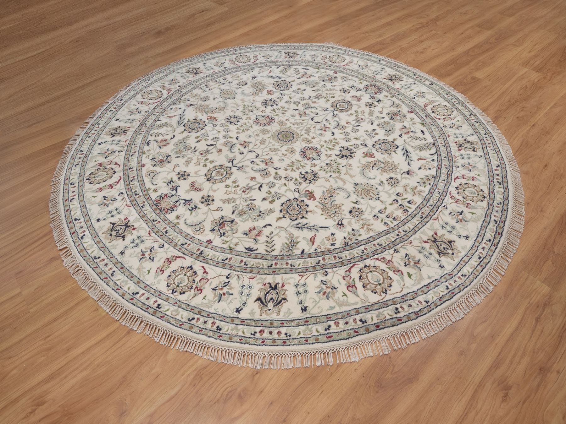 8'x8' Pearl White, 250 KPSI, Nain with All Over Flower Design, Hand Knotted, Wool and Silk, Soft Pile, Round, Oriental Rug HR92760 - Image 3