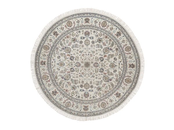 7'8"x7'8" Pearl White, 250 KPSI, Nain with All Over Floral Pattern, Wool and Silk, Hand Knotted, Soft Pile, Round, Oriental Rug HR92761