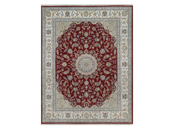 7'10"x10'1" Rhubarb Red, Nain with Flower Medallion Design, Hand Knotted, 250 KPSI, Wool and Silk, Soft Pile, Oriental Rug HR92762