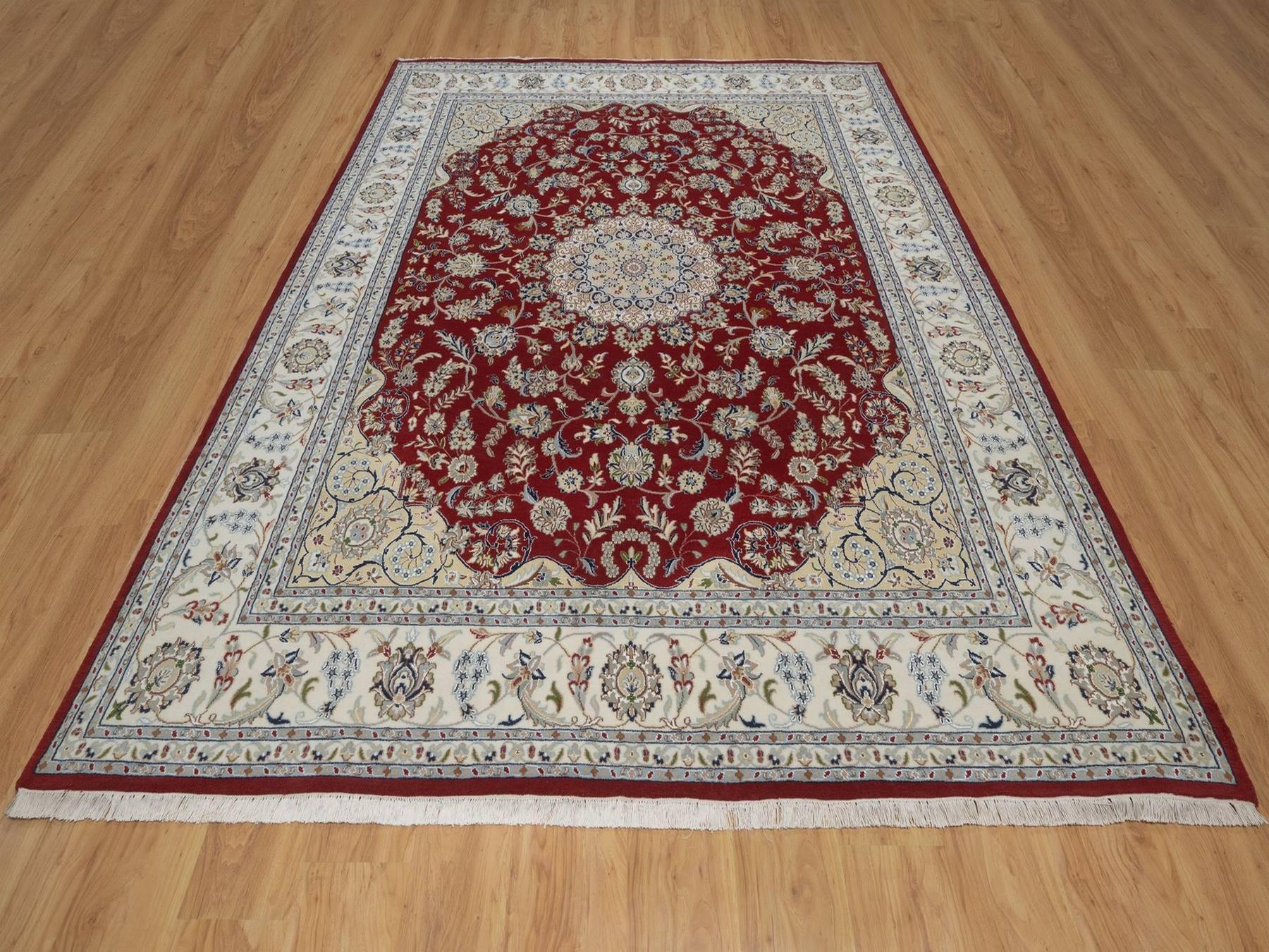 7'10"x10'1" Rhubarb Red, Nain with Flower Medallion Design, Hand Knotted, 250 KPSI, Wool and Silk, Soft Pile, Oriental Rug HR92762 - Image 2