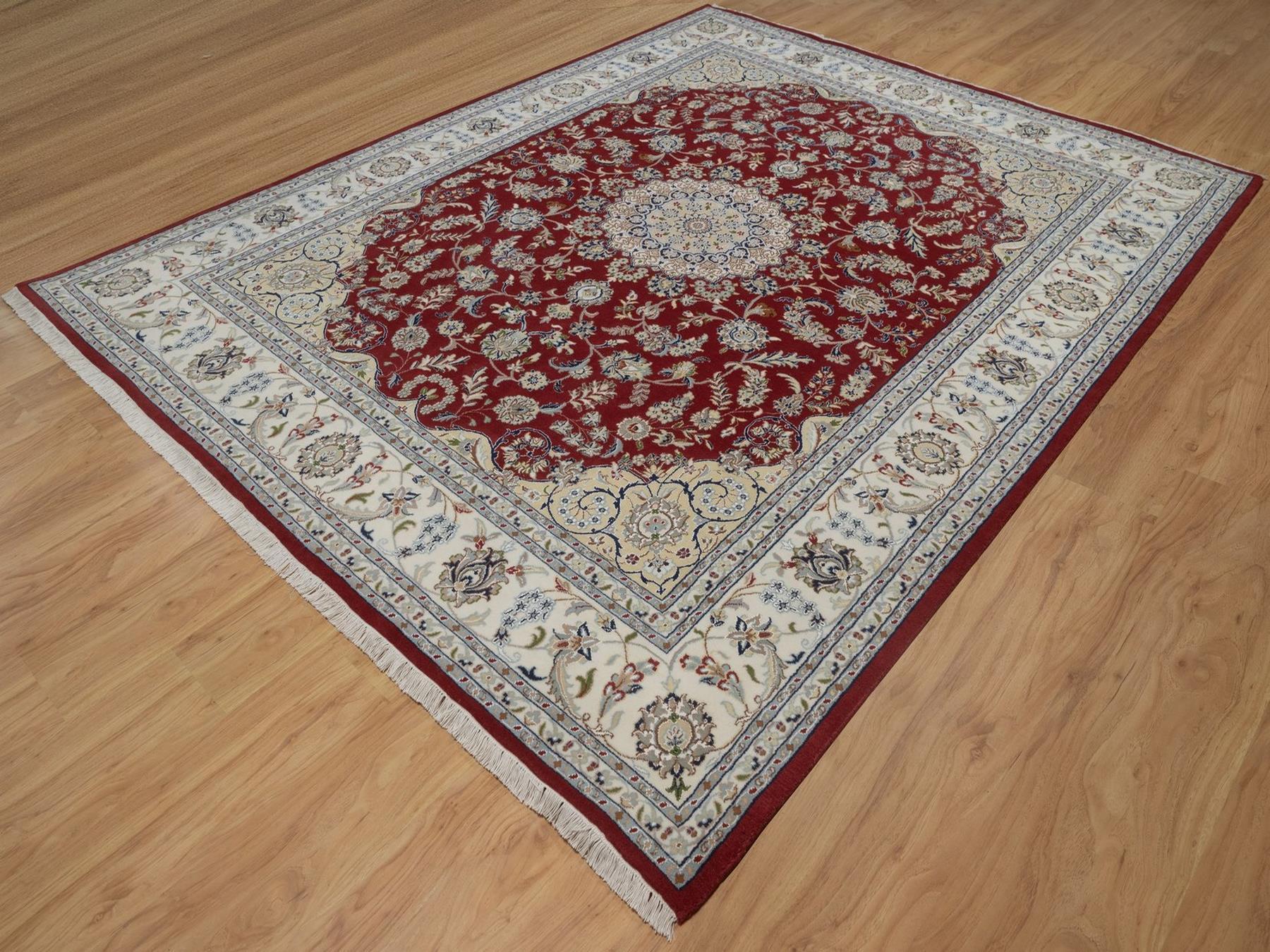 7'10"x10'1" Rhubarb Red, Nain with Flower Medallion Design, Hand Knotted, 250 KPSI, Wool and Silk, Soft Pile, Oriental Rug HR92762 - Image 3