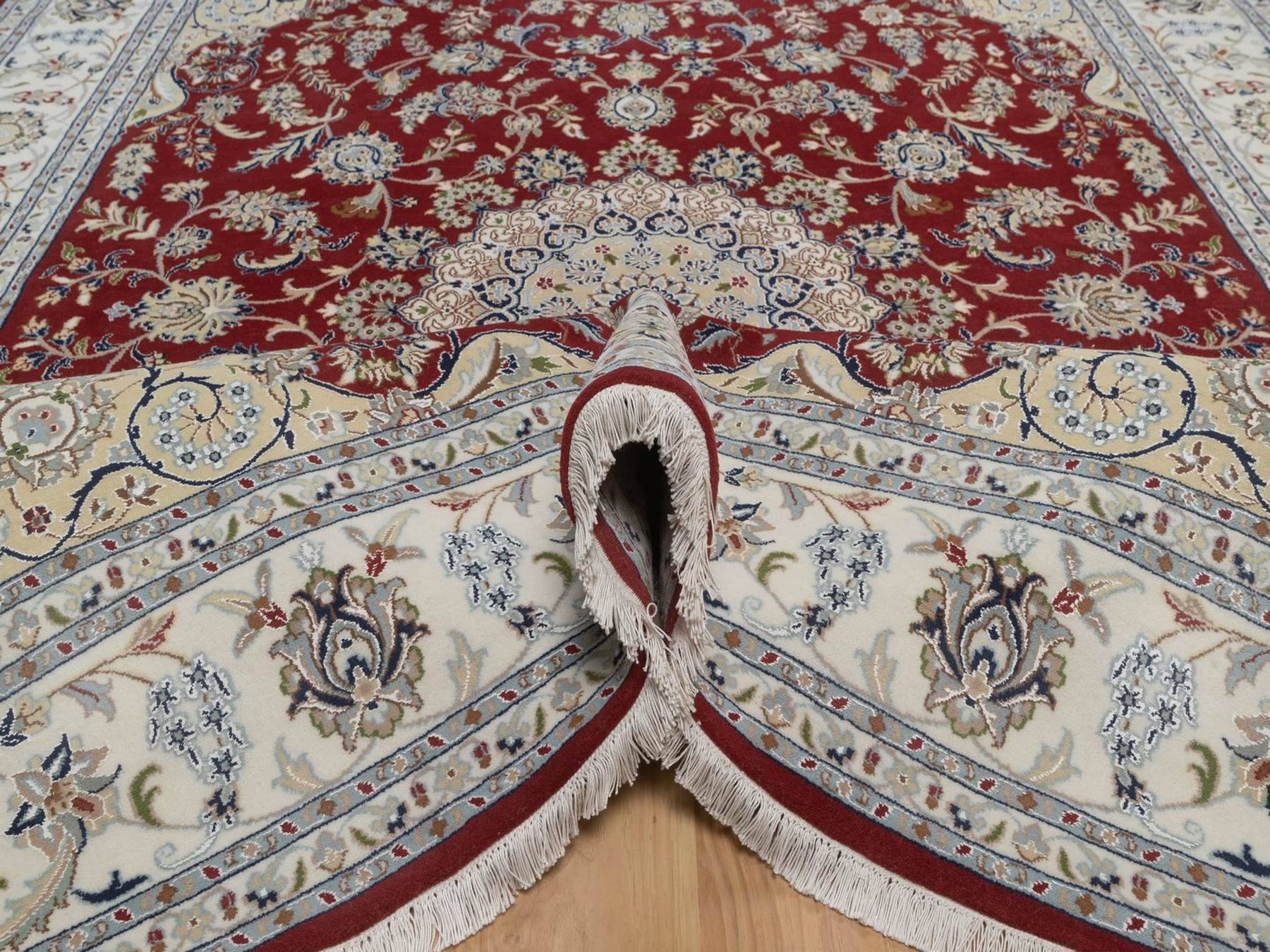7'10"x10'1" Rhubarb Red, Nain with Flower Medallion Design, Hand Knotted, 250 KPSI, Wool and Silk, Soft Pile, Oriental Rug HR92762 - Image 5