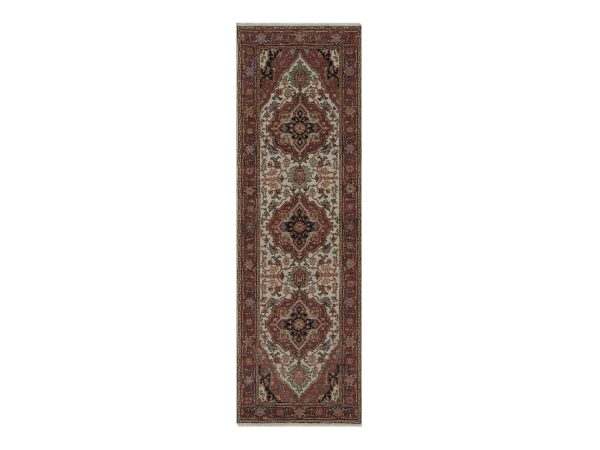 2'6"x8' Chiffon White, Antiqued Fine Heriz Re-Creation, Medallions Design, Hand Knotted, Hand Spun New Zealand Wool, Soft Pile, Vegetable Dyes, Runner, Oriental Rug HR92767