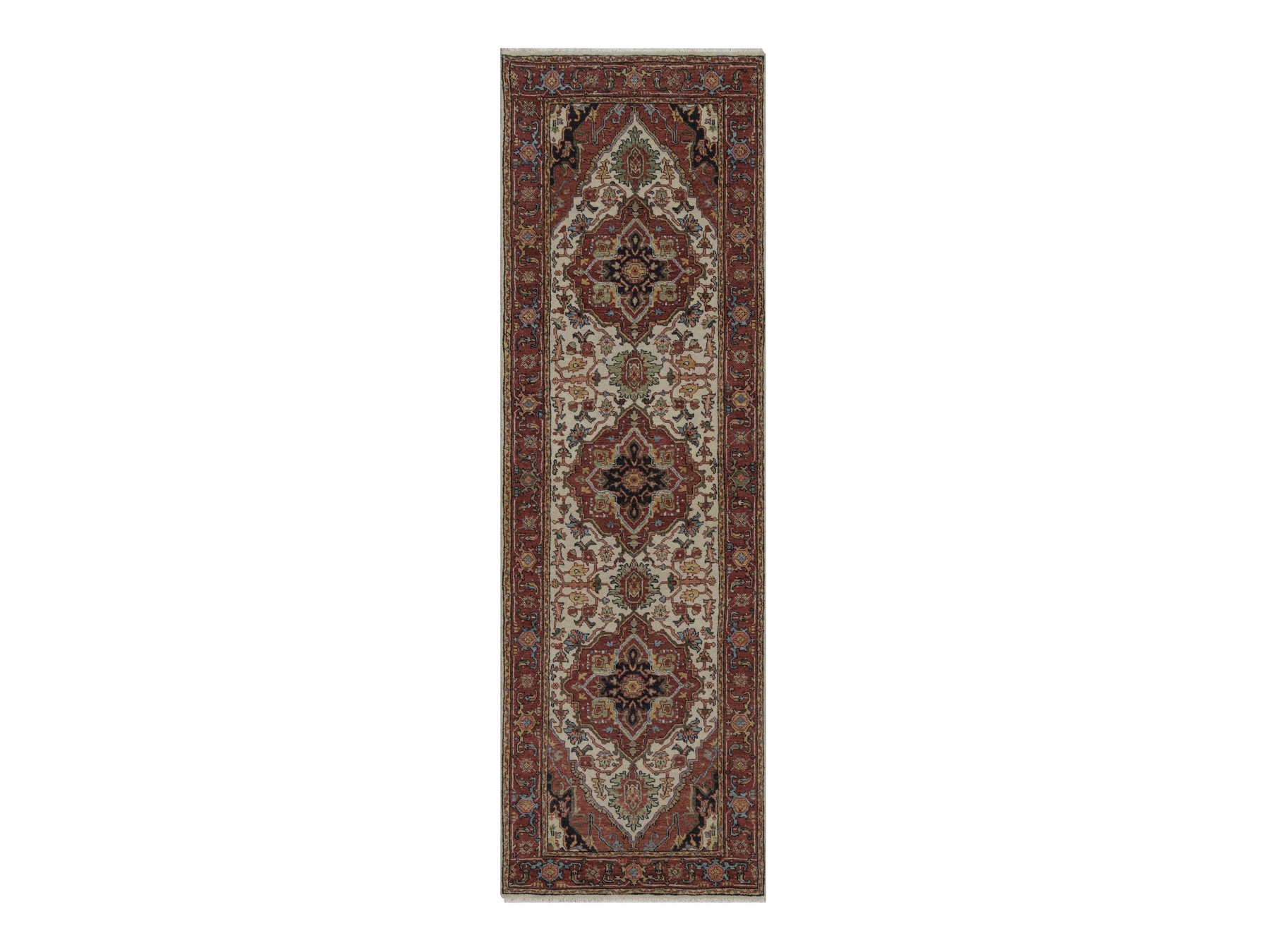 2'6"x8' Chiffon White, Antiqued Fine Heriz Re-Creation, Medallions Design, Hand Knotted, Hand Spun New Zealand Wool, Soft Pile, Vegetable Dyes, Runner, Oriental Rug HR92767