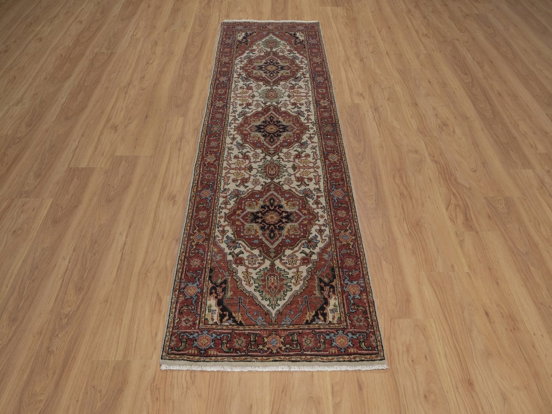 2'6"x8' Chiffon White, Antiqued Fine Heriz Re-Creation, Medallions Design, Hand Knotted, Hand Spun New Zealand Wool, Soft Pile, Vegetable Dyes, Runner, Oriental Rug HR92767 - Image 2