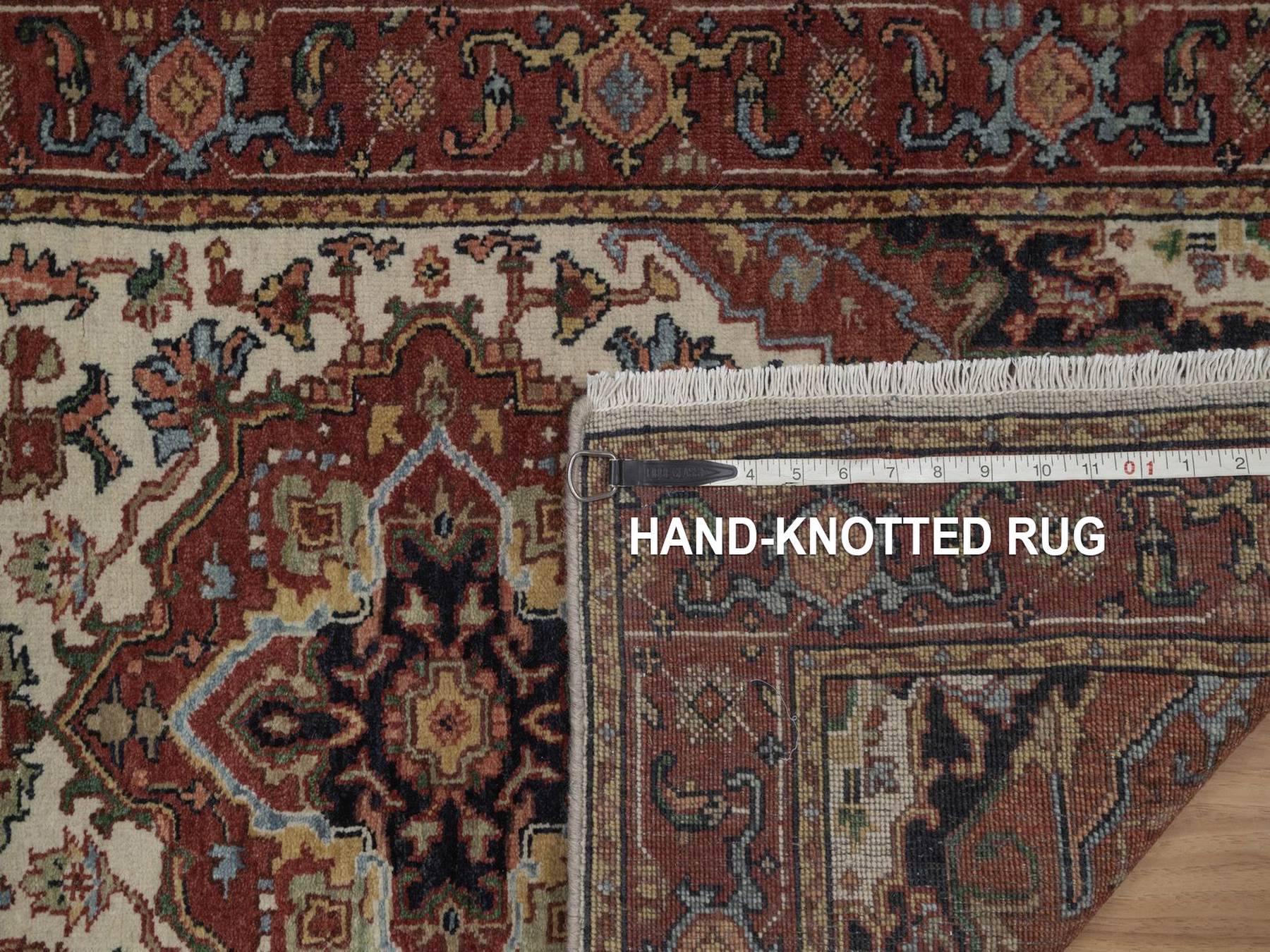 2'6"x8' Chiffon White, Antiqued Fine Heriz Re-Creation, Medallions Design, Hand Knotted, Hand Spun New Zealand Wool, Soft Pile, Vegetable Dyes, Runner, Oriental Rug HR92767 - Image 8