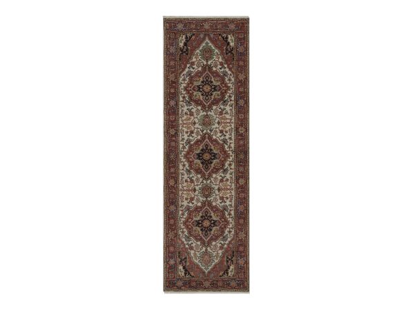 2'6"x8' Chiffon White, Antiqued Fine Heriz Re-Creation, Medallions Design, Hand Knotted, Hand Spun New Zealand Wool, Soft Pile, Vegetable Dyes, Runner, Oriental Rug HR92768