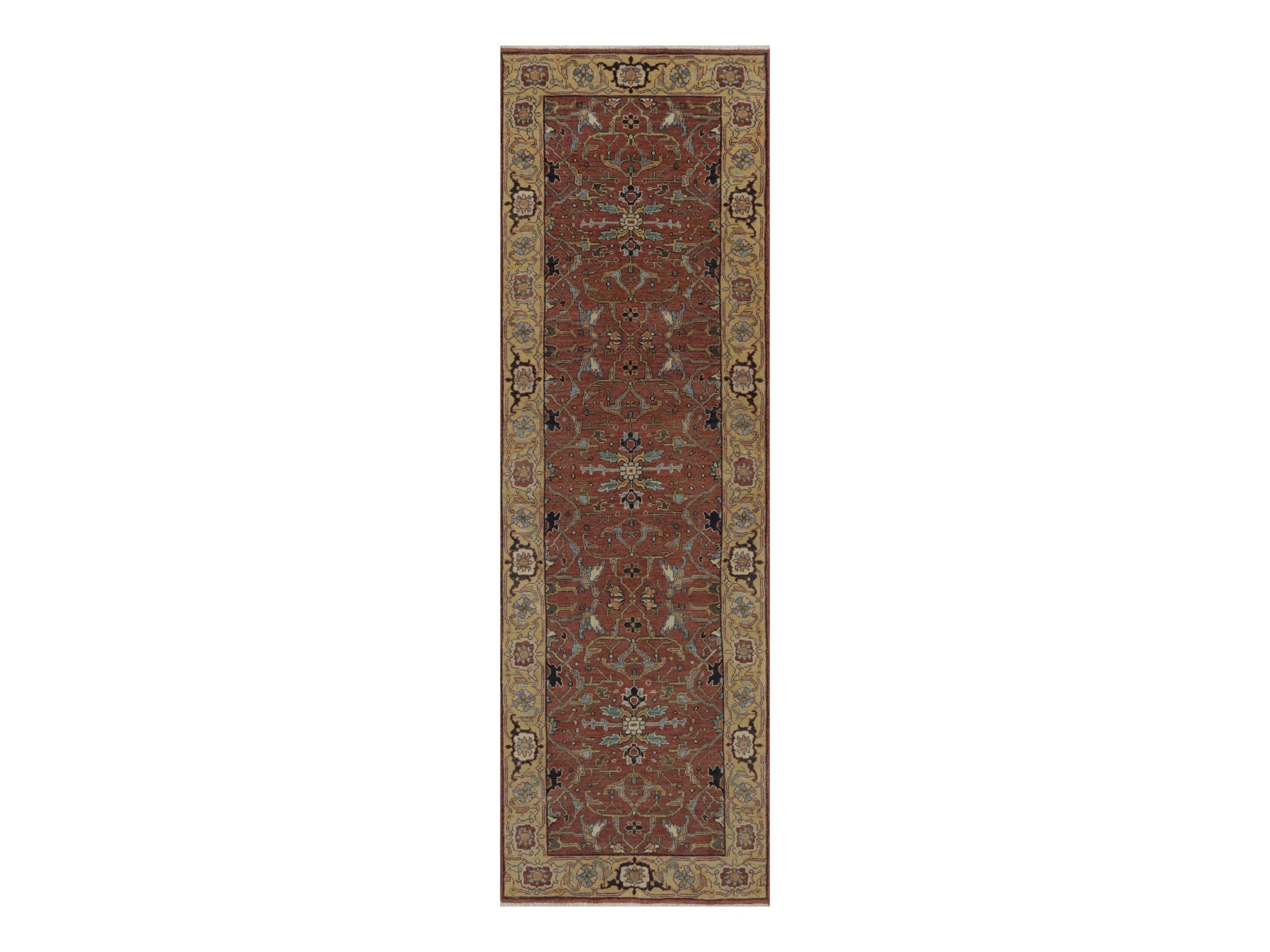 2'5"x8' Auburn Red, Antiqued Fine Heriz Re-Creation, All Over Design, Hand Knotted, Hand Spun New Zealand Wool, Soft Pile, Vegetable Dyes, Narrow Runner, Oriental Rug HR92769
