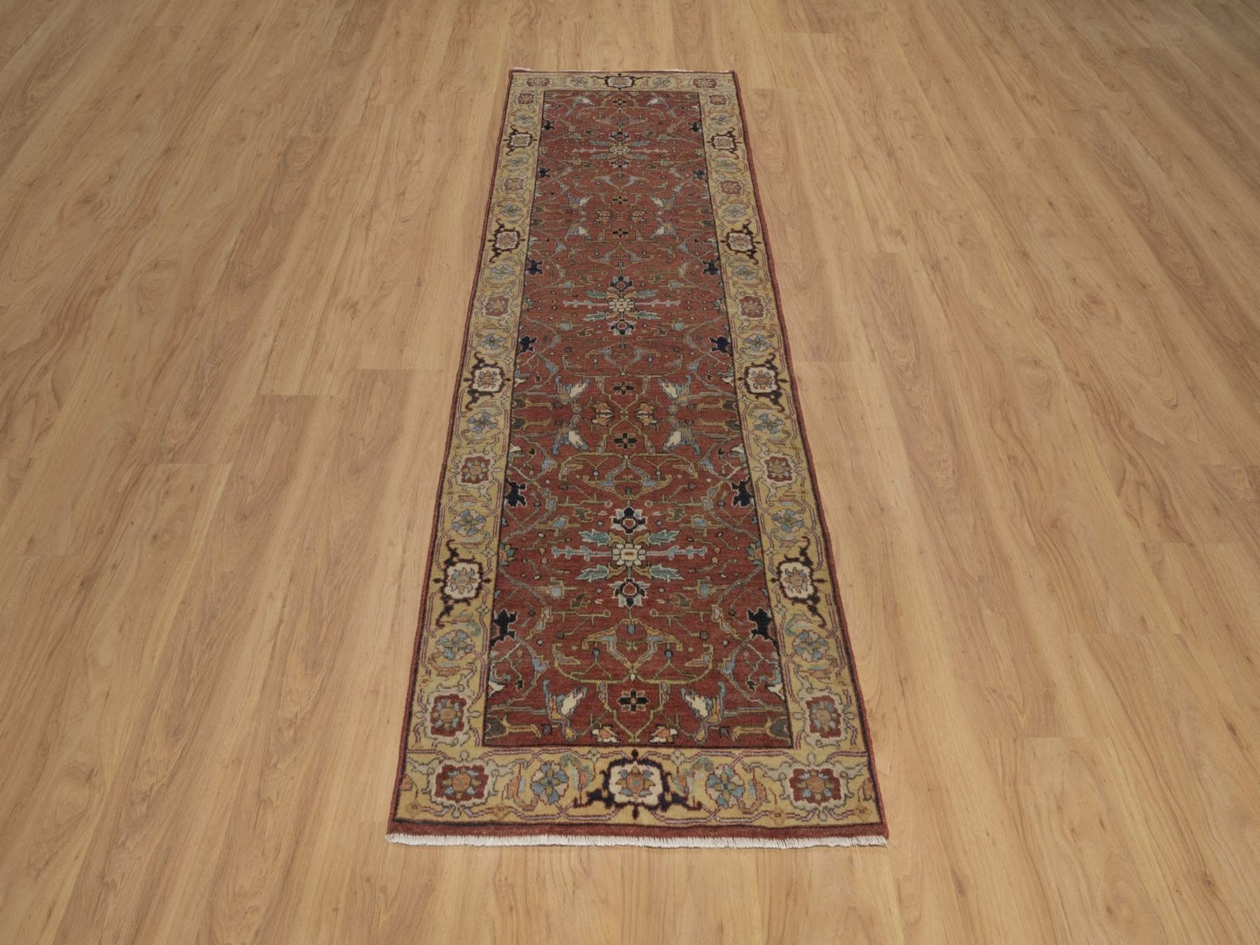 2'5"x8' Auburn Red, Antiqued Fine Heriz Re-Creation, All Over Design, Hand Knotted, Hand Spun New Zealand Wool, Soft Pile, Vegetable Dyes, Narrow Runner, Oriental Rug HR92769 - Image 2