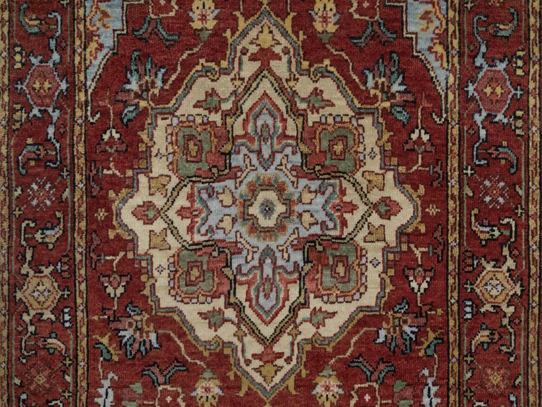 2'7"x6'3" Brick Red, Antiqued Fine Heriz Re-Creation with Medallion Design, Hand Knotted, Hand Spun New Zealand Wool, Denser Weave, Vegetable Dyes, Runner, Oriental Rug HR92771 - Image 5