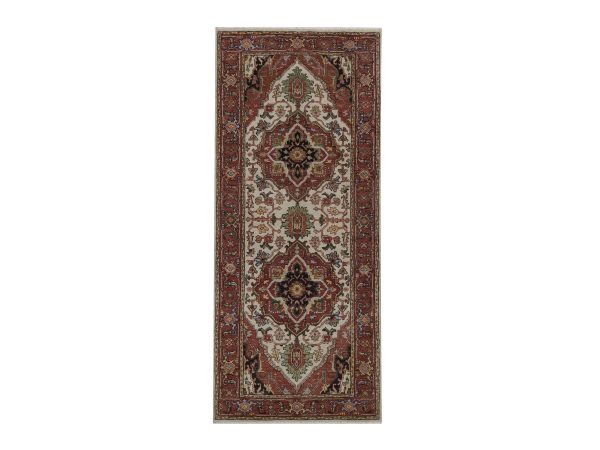2'6"x6'2" Chiffon White, Antiqued Fine Heriz Re-Creation with Medallions Design, Hand Spun New Zealand Wool, Hand Knotted, Soft Pile, Vegetable Dyes, Runner, Oriental Rug HR92772