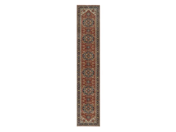 2'7"x14' Auburn Red, Antiqued Fine Heriz Re-Creation, Medallions Design, Hand Knotted, Hand Spun New Zealand Wool, Vegetable Dyes, Soft Pile, Denser Weave, Runner, Oriental Rug HR92774