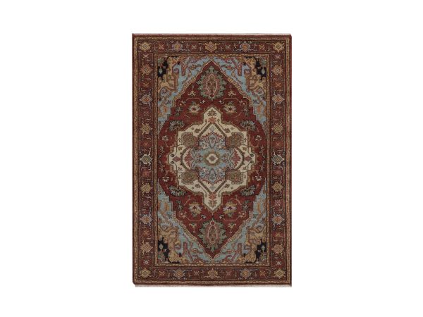 3'1"x5'1" Brick Red, Antiqued Fine Heriz Re-Creation with Medallion Design, Hand Spun New Zealand Wool, Hand Knotted, Denser Weave, Vegetable Dyes, Oriental Rug HR92777