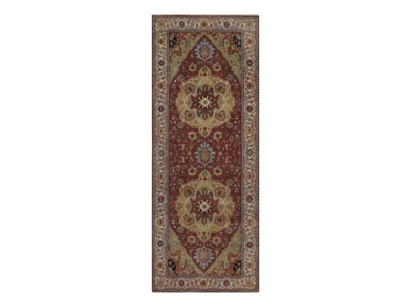 4'x10'3" Barn Red, Antiqued Fine Heriz Re-Creation with Medallions Design, Hand Knotted, Hand Spun New Zealand Wool, Denser Weave, Vegetable Dyes, Wide Runner, Oriental Rug HR92780