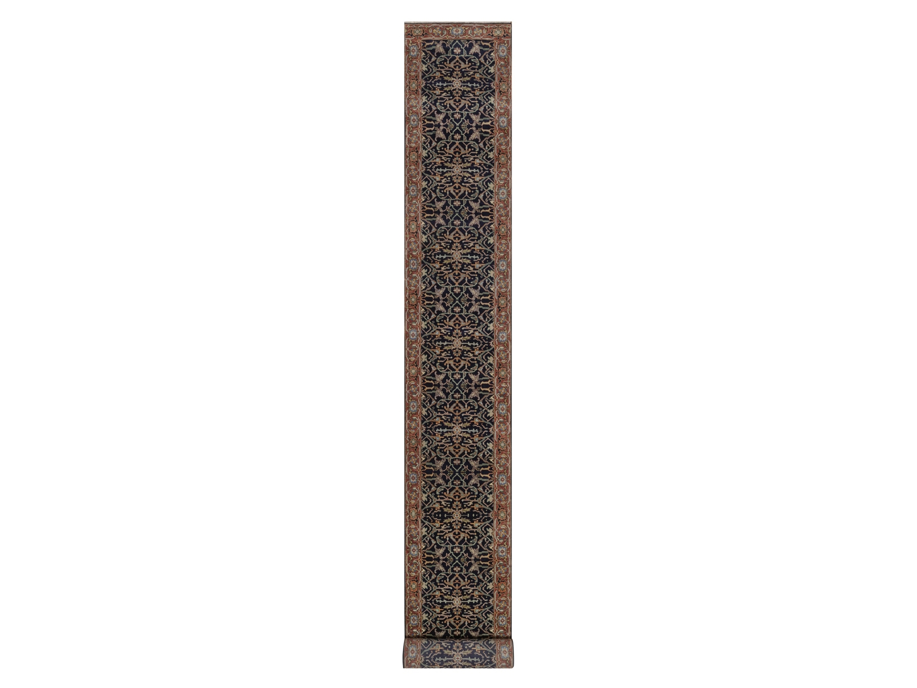 2'7"x23'8" Midnight Blue, Antiqued Fine Heriz Re-Creation, All Over Design, Hand Spun New Zealand Wool, Denser Weave, Vegetable Dyes, Hand Knotted, XL Runner, Oriental Rug HR92781