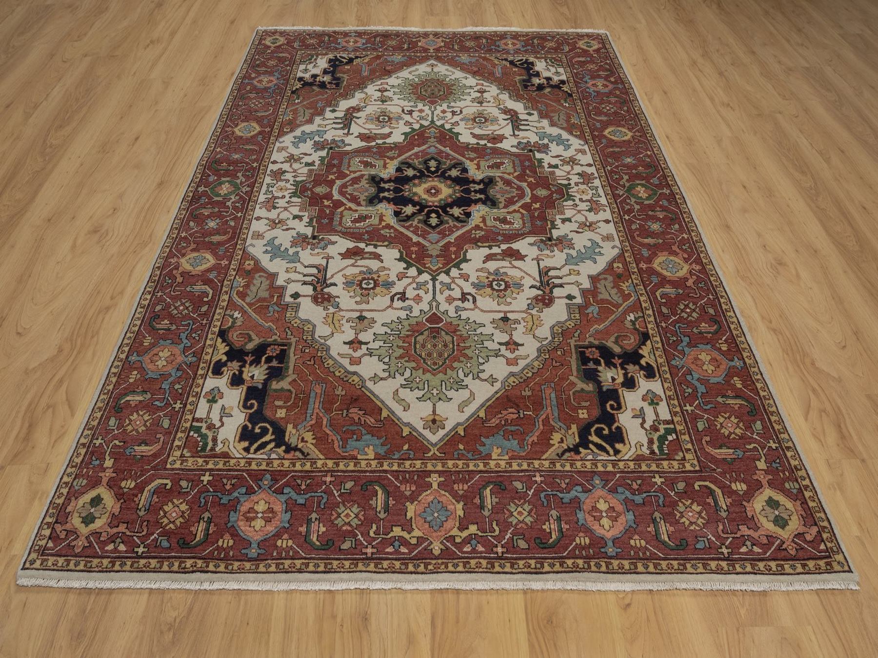 6'x9' Chiffon White, Antiqued Fine Heriz Re-Creation with Medallion Design, Hand Knotted, Hand Spun New Zealand Wool, Soft Pile, Vegetable Dyes, Oriental Rug HR92783 - Image 2