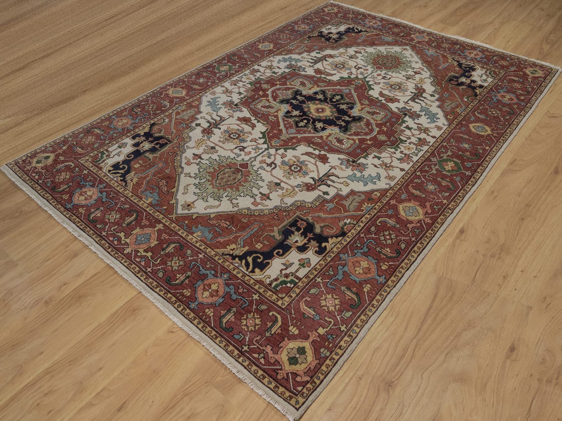 6'x9' Chiffon White, Antiqued Fine Heriz Re-Creation with Medallion Design, Hand Knotted, Hand Spun New Zealand Wool, Soft Pile, Vegetable Dyes, Oriental Rug HR92783 - Image 3