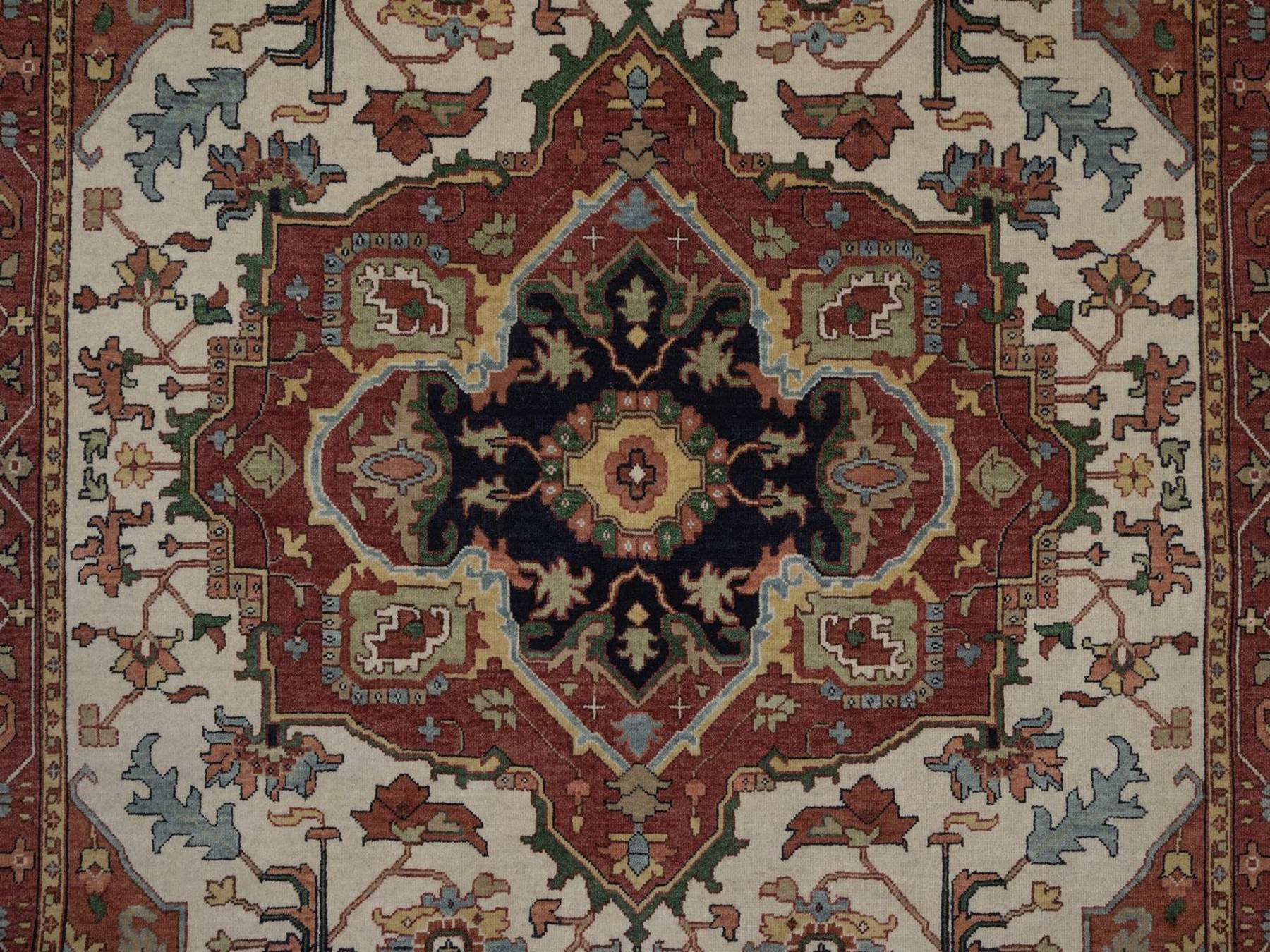 6'x9' Chiffon White, Antiqued Fine Heriz Re-Creation with Medallion Design, Hand Knotted, Hand Spun New Zealand Wool, Soft Pile, Vegetable Dyes, Oriental Rug HR92783 - Image 8