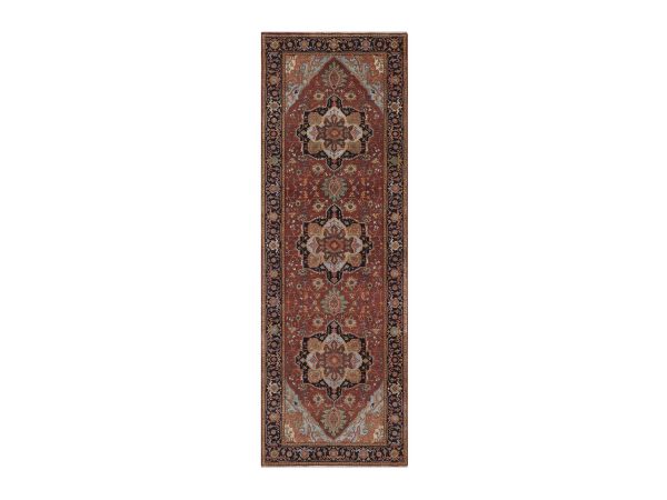 4'x12' Barn Red, Hand Knotted, Antiqued Fine Heriz Re-Creation, Medallions Design, Hand Spun New Zealand Wool, Denser Weave, Soft Pile, Vegetable Dyes, Wide Runner, Oriental Rug HR92785