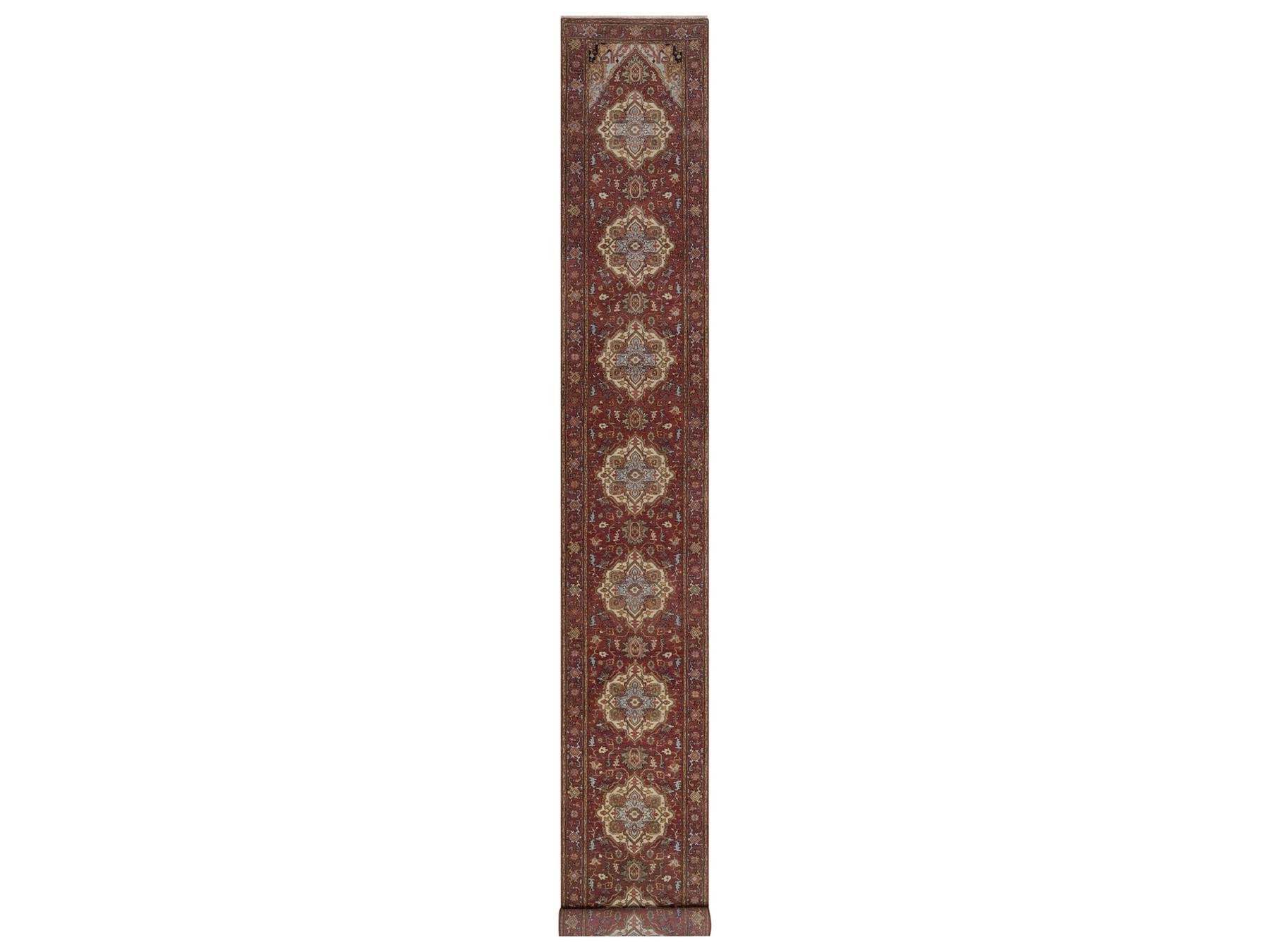 2'7"x20' Brick Red, Antiqued Fine Heriz Re-Creation, Medallions Design, Hand Knotted, Hand Spun New Zealand Wool, Denser Weave, Vegetable Dyes, XL Runner, Oriental Rug HR92787