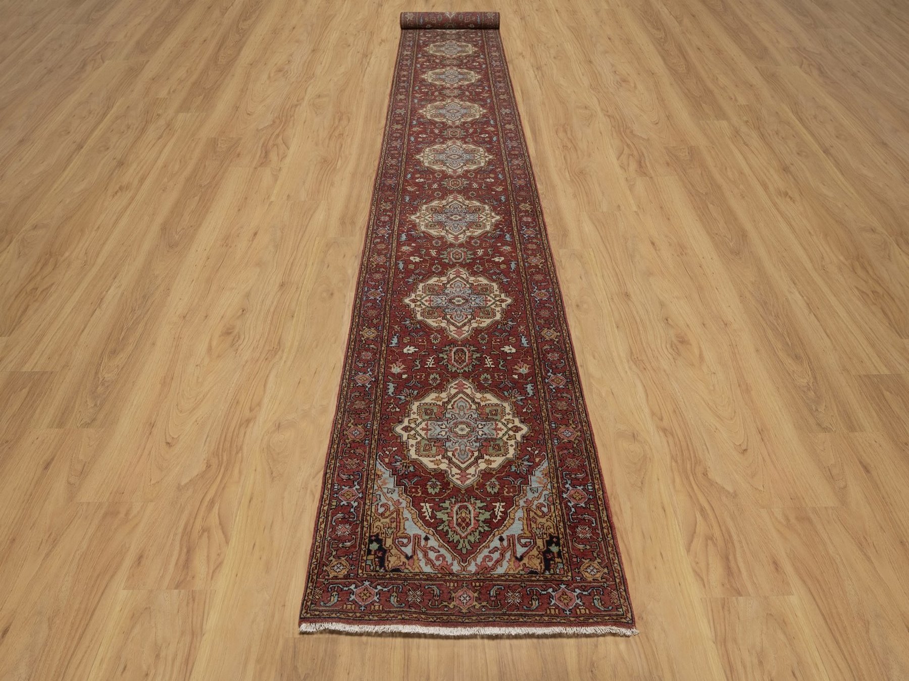 2'7"x20' Brick Red, Antiqued Fine Heriz Re-Creation, Medallions Design, Hand Knotted, Hand Spun New Zealand Wool, Denser Weave, Vegetable Dyes, XL Runner, Oriental Rug HR92787 - Image 2