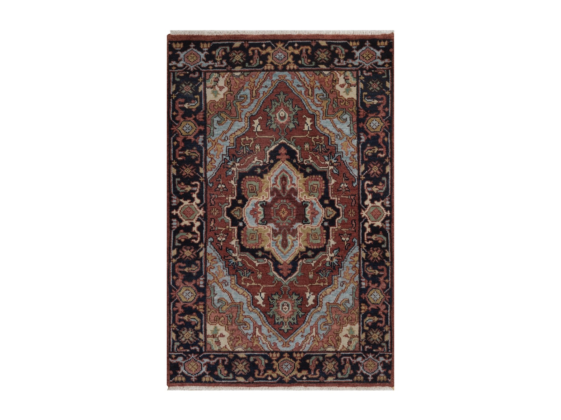 2'x3' Barn Red, Antiqued Fine Heriz Re-Creation, Medallion Design, Hand Knotted, Hand Spun New Zealand Wool, Soft Pile, Denser Weave, Vegetable Dyes, Sample, Mat, Oriental Rug HR92790