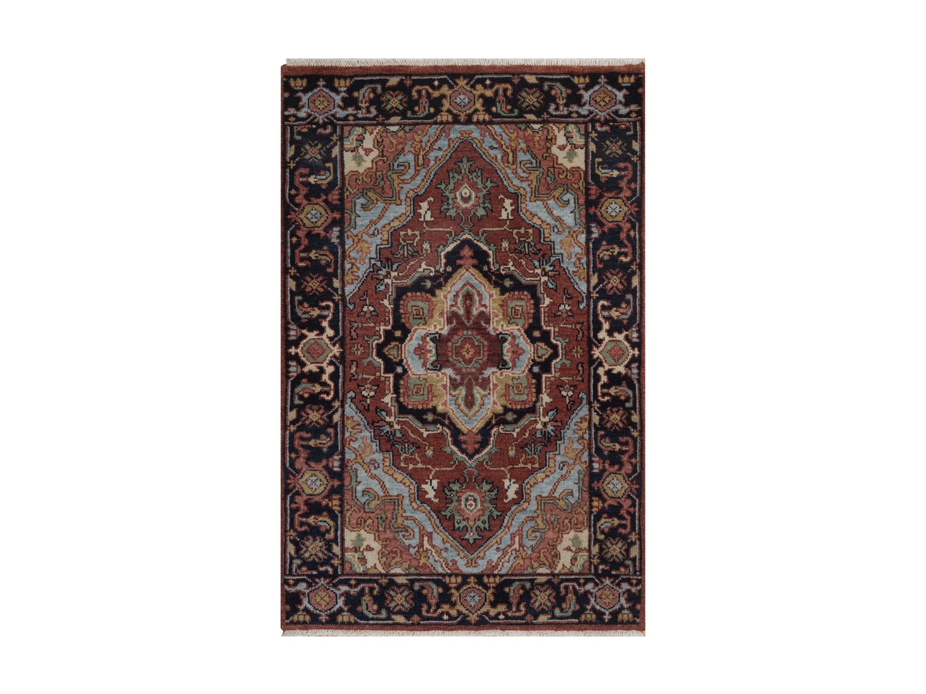 2'x3' Barn Red, Antiqued Fine Heriz Re-Creation, Medallion Design, Hand Knotted, Hand Spun New Zealand Wool, Denser Weave, Soft Pile, Vegetable Dyes, Mat, Sample, Oriental Rug HR92791