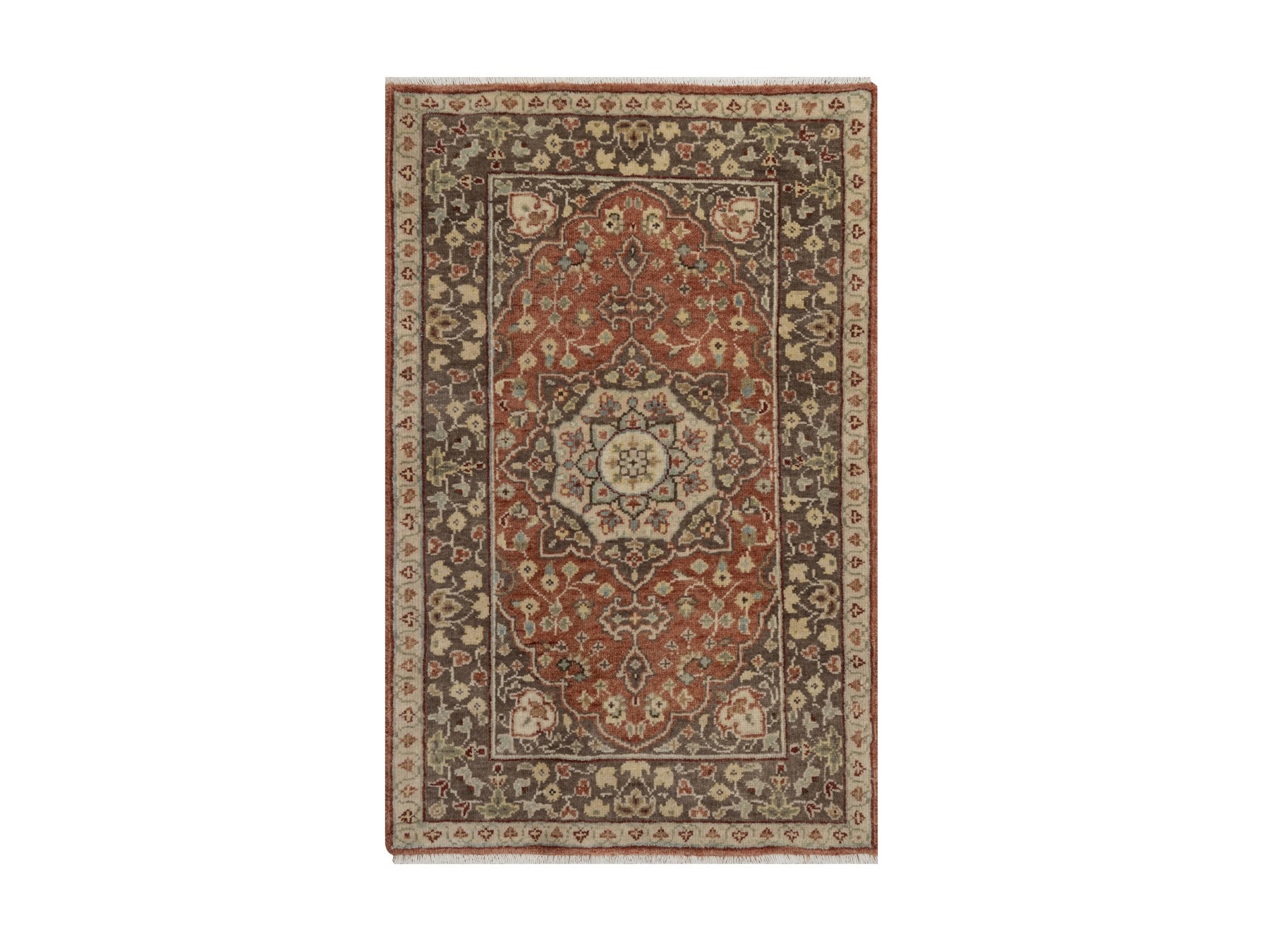 2'x3'2" Rust Red with Brown, Tabriz Haja Jalili Re-Creation with Flower Medallion Design, Hand Knotted, Hand Spun New Zealand Wool, Denser Weave, Mat, Sample, Oriental Rug HR92792
