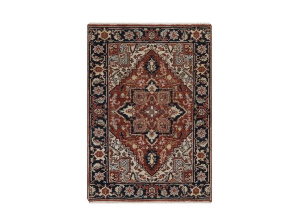 2'x3' Auburn Red, Antiqued Fine Heriz Re-Creation, Medallion Design, Hand Knotted, Hand Spun New Zealand Wool, Denser Weave, Vegetable Dyes, Sample, Mat, Oriental Rug HR92793