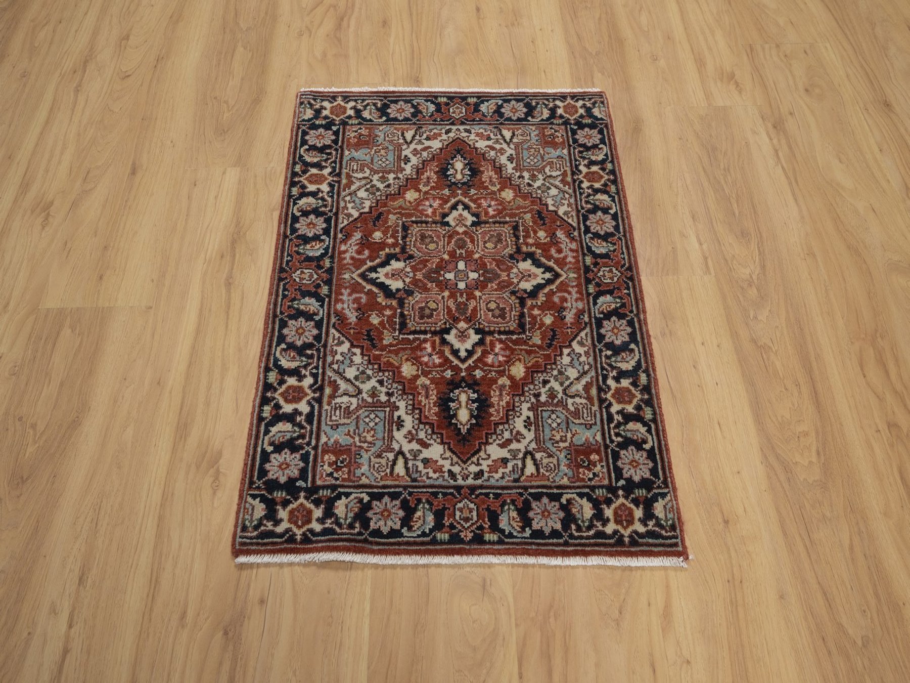 2'x3' Auburn Red, Antiqued Fine Heriz Re-Creation, Medallion Design, Hand Knotted, Hand Spun New Zealand Wool, Denser Weave, Vegetable Dyes, Sample, Mat, Oriental Rug HR92793 - Image 2