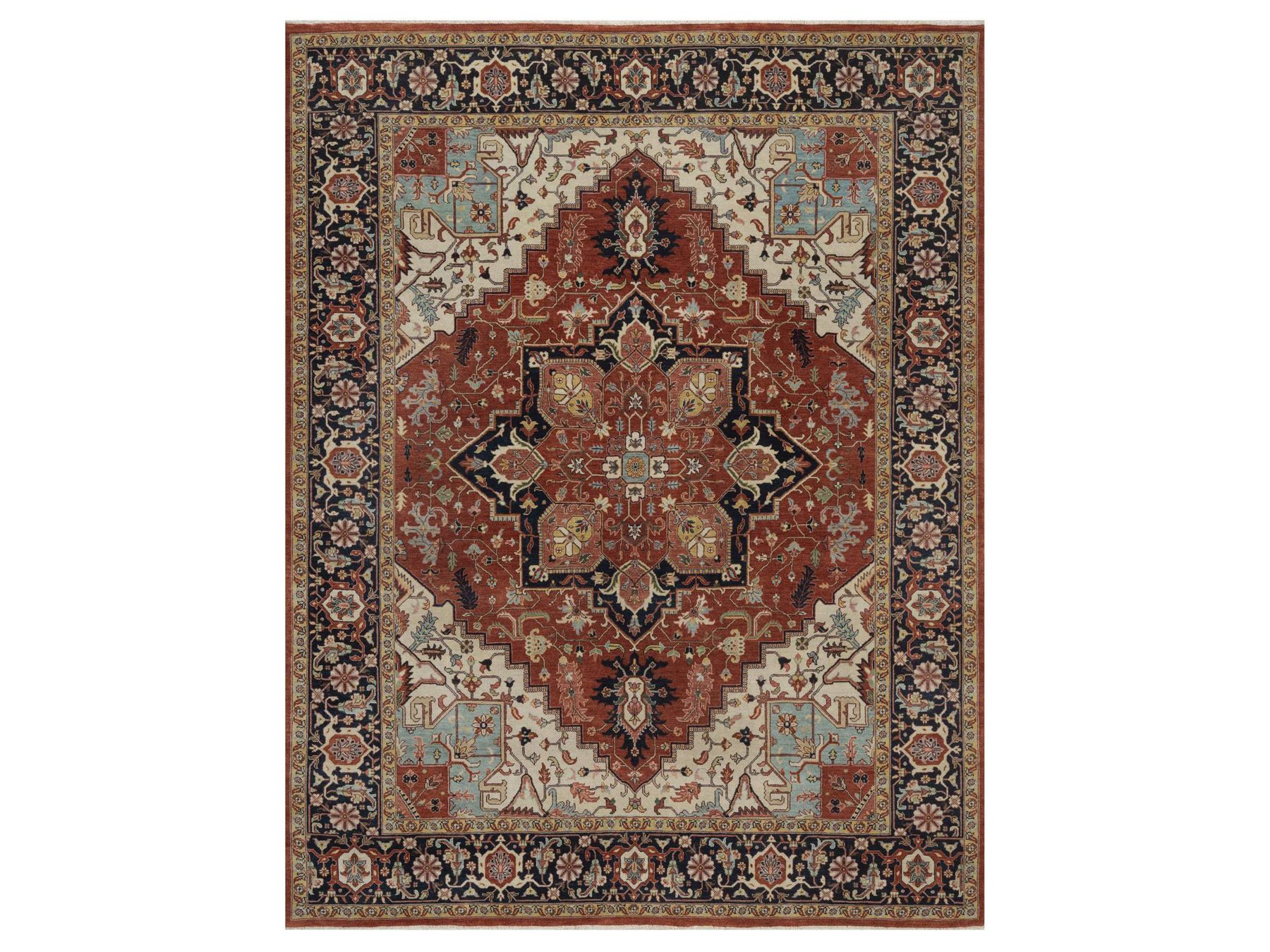 7'10"x10'1" Auburn Red, Antiqued Fine Heriz Re-Creation, Medallion Design, Hand Spun New Zealand Wool, Hand Knotted, Denser Weave, Vegetable Dyes, Oriental Rug HR92794