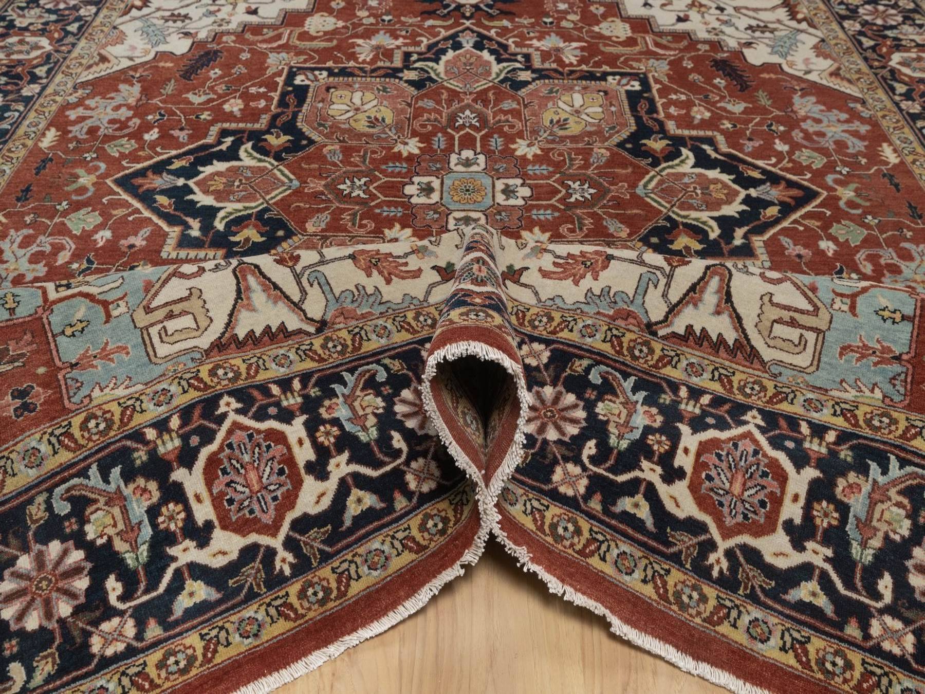 7'10"x10'1" Auburn Red, Antiqued Fine Heriz Re-Creation, Medallion Design, Hand Spun New Zealand Wool, Hand Knotted, Denser Weave, Vegetable Dyes, Oriental Rug HR92794 - Image 5