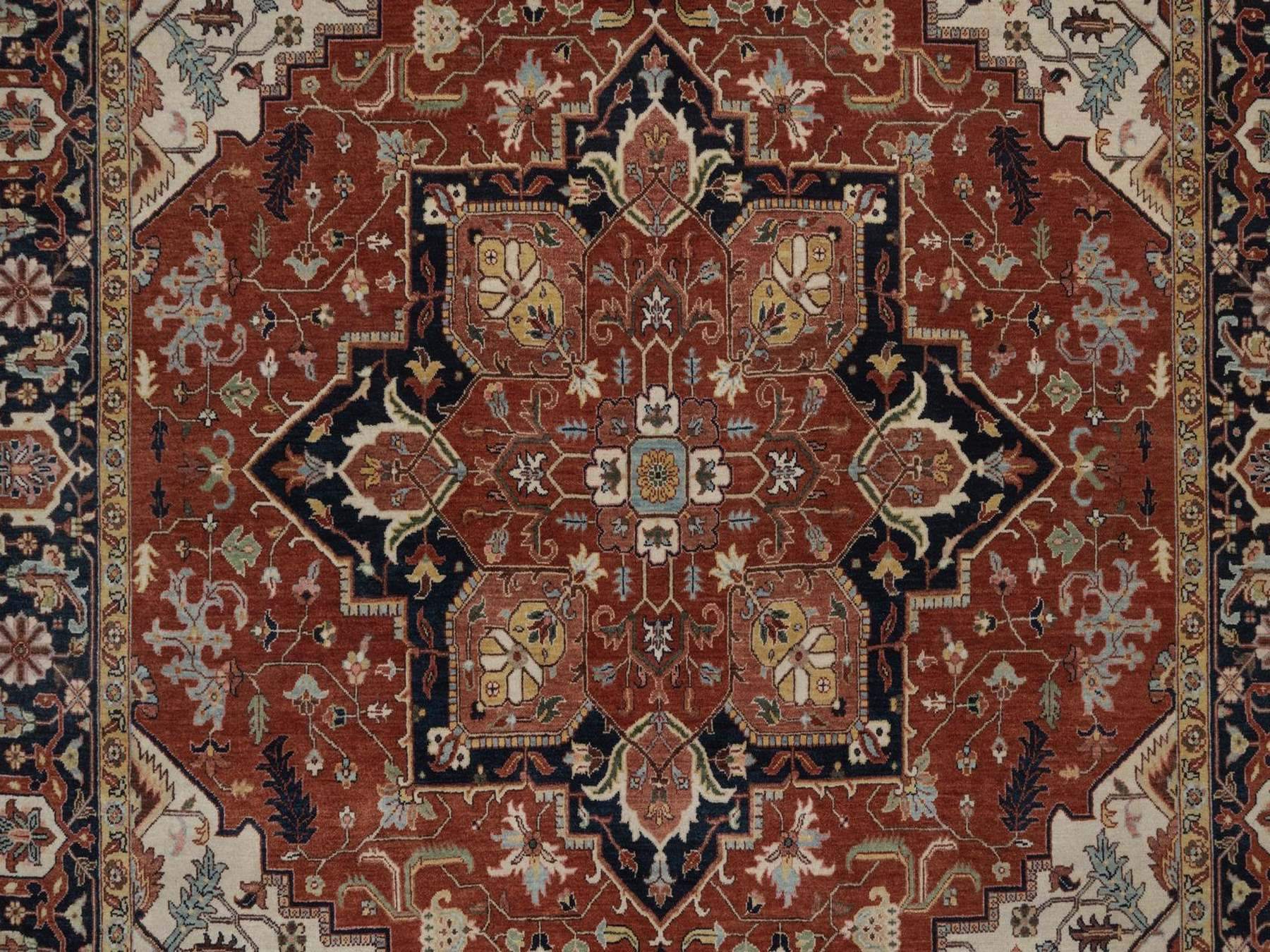 7'10"x10'1" Auburn Red, Antiqued Fine Heriz Re-Creation, Medallion Design, Hand Spun New Zealand Wool, Hand Knotted, Denser Weave, Vegetable Dyes, Oriental Rug HR92794 - Image 8
