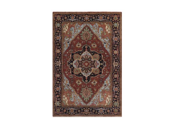 4'1"x6'1" Barn Red, Antiqued Fine Heriz Re-Creation, Medallion Design, Hand Knotted, Hand Spun New Zealand Wool, Vegetable Dyes, Denser Weave, Soft Pile, Oriental Rug HR92796