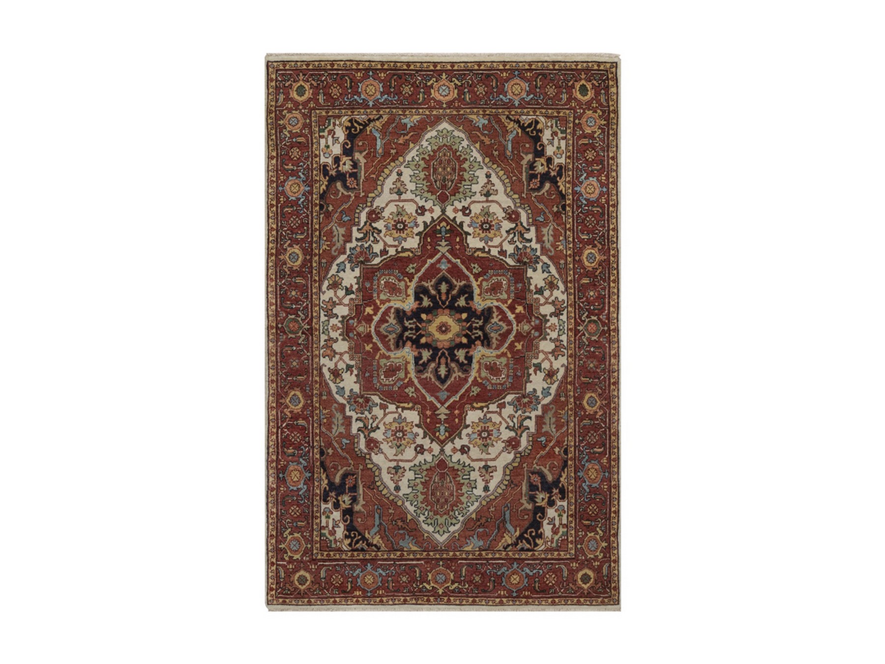 4'x6' Chiffon White, Antiqued Fine Heriz Re-Creation, Medallion Design, Hand Spun New Zealand Wool, Hand Knotted, Soft Pile, Vegetable Dyes, Oriental Rug HR92797