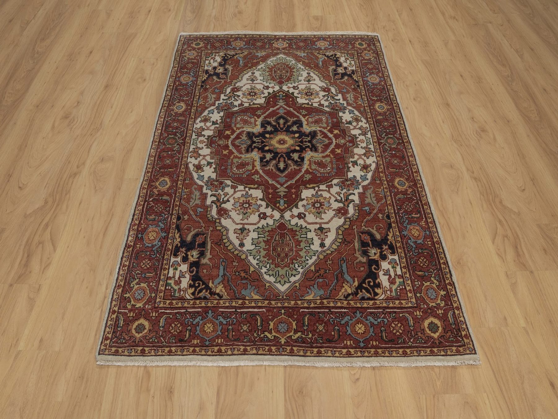4'x6' Chiffon White, Antiqued Fine Heriz Re-Creation, Medallion Design, Hand Spun New Zealand Wool, Hand Knotted, Soft Pile, Vegetable Dyes, Oriental Rug HR92797 - Image 2