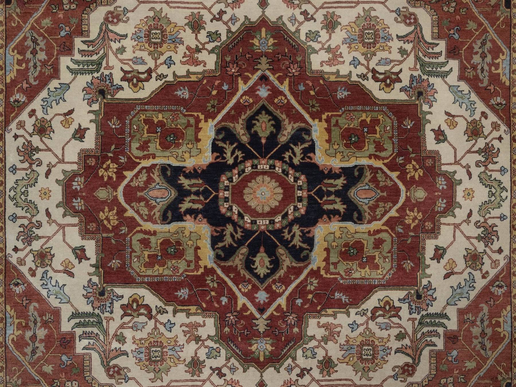 7'10"x10'1" Chiffon White, Antiqued Fine Heriz Re-Creation, Medallion Design, Hand Knotted, Hand Spun New Zealand Wool, Soft Pile, Vegetable Dyes, Oriental Rug HR92800 - Image 8