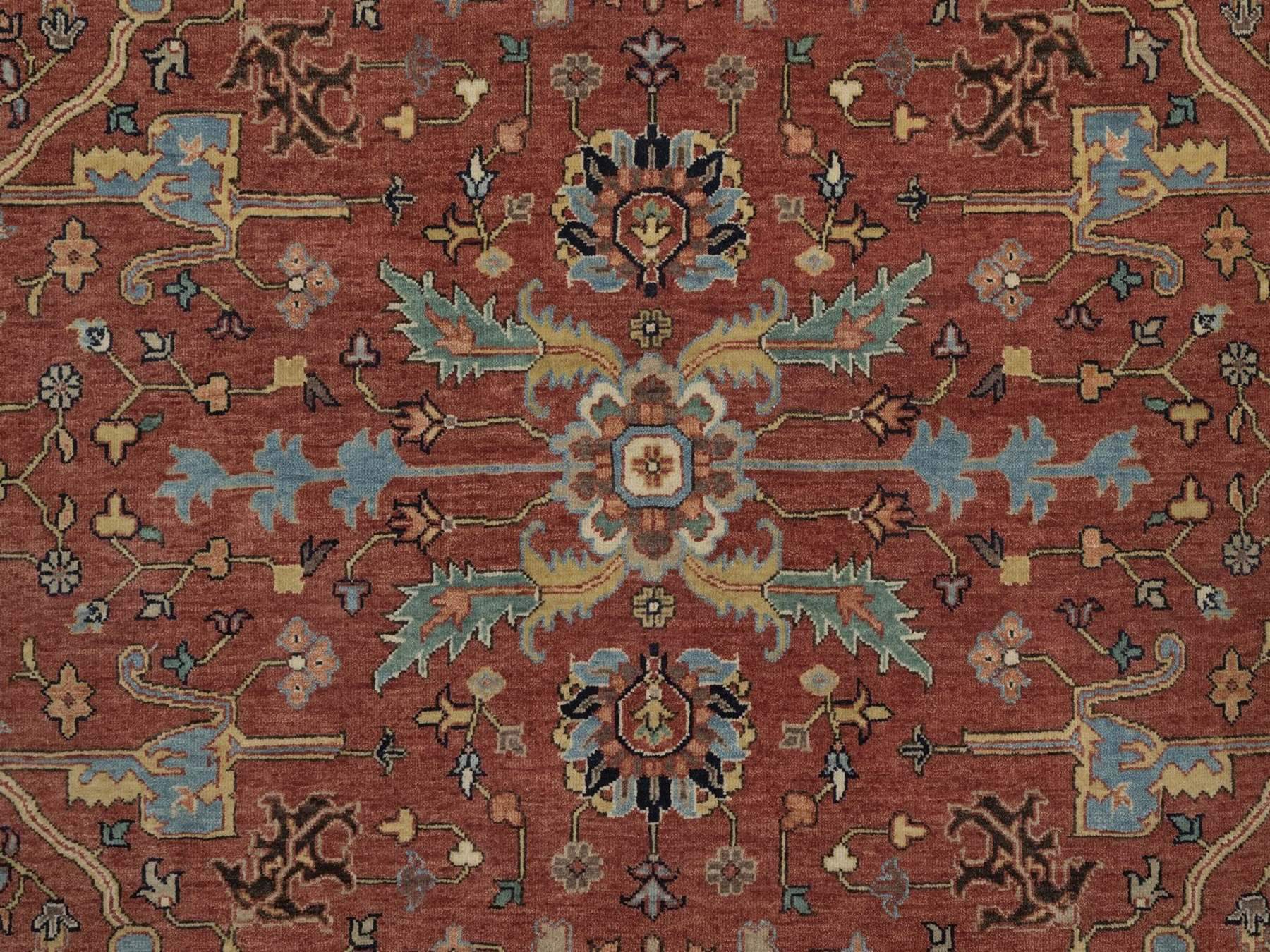 7'10"x10'1" Auburn Red, Antiqued Fine Heriz Re-Creation, All Over Design, Hand Spun New Zealand Wool, Hand Knotted, Soft Pile, Vegetable Dyes, Oriental Rug HR92801 - Image 8