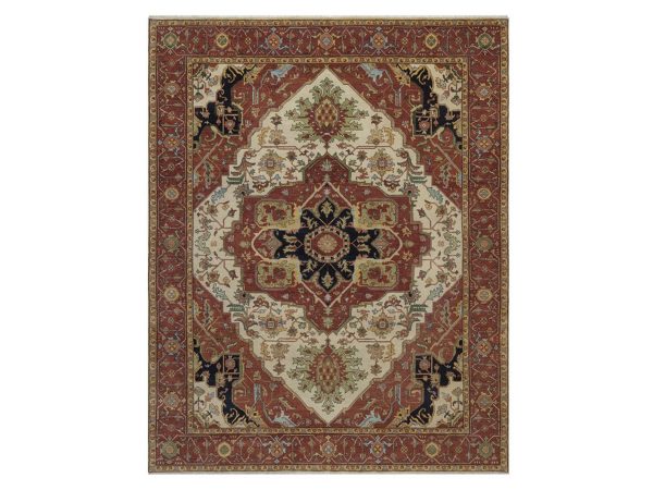 7'10"x9'10" Chiffon White, Antiqued Fine Heriz Re-Creation, Medallion Design, Hand Knotted, Hand Spun New Zealand Wool, Soft Pile, Vegetable Dyes, Oriental Rug HR92802