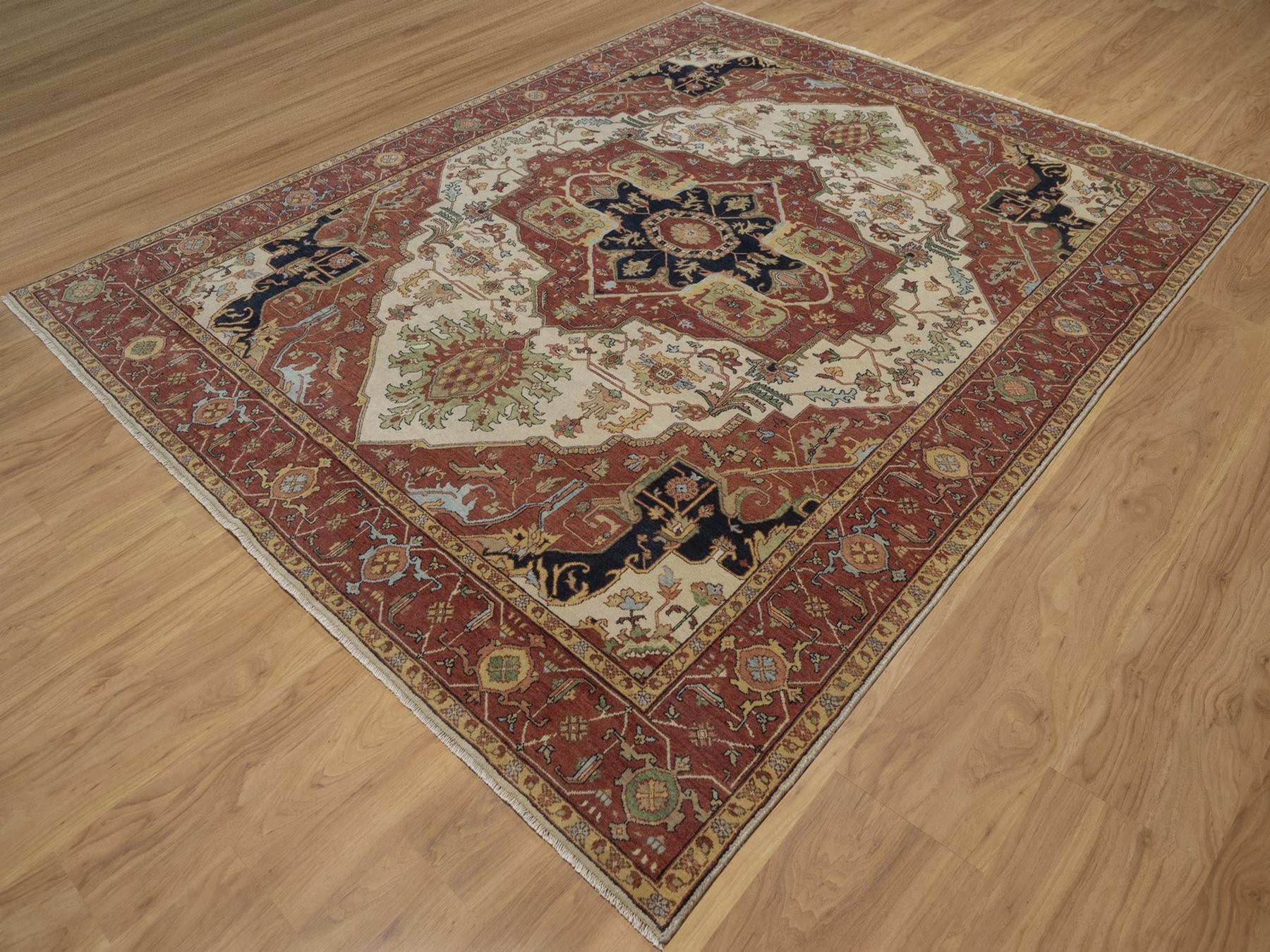 7'10"x9'10" Chiffon White, Antiqued Fine Heriz Re-Creation, Medallion Design, Hand Knotted, Hand Spun New Zealand Wool, Soft Pile, Vegetable Dyes, Oriental Rug HR92802 - Image 3