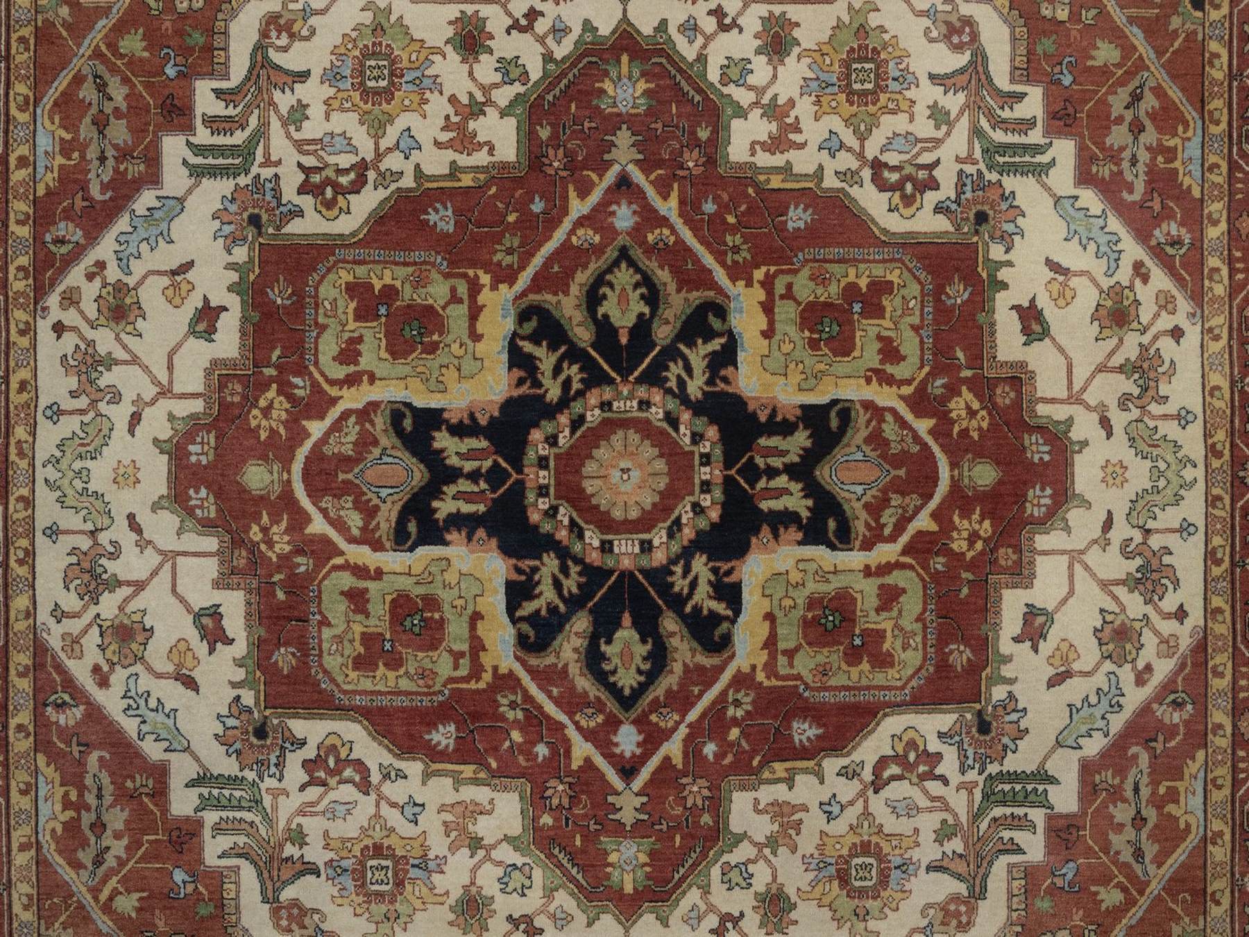 7'10"x9'10" Chiffon White, Antiqued Fine Heriz Re-Creation, Medallion Design, Hand Knotted, Hand Spun New Zealand Wool, Soft Pile, Vegetable Dyes, Oriental Rug HR92802 - Image 8