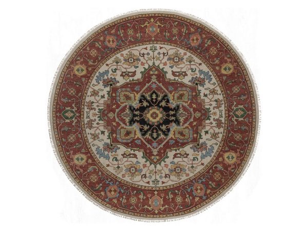 6'10"x6'10" Chiffon White, Antiqued Fine Heriz Re-Creation, Medallion Design, Hand Knotted, Hand Spun New Zealand Wool, Soft Pile, Vegetable Dyes, Round, Oriental Rug HR92803
